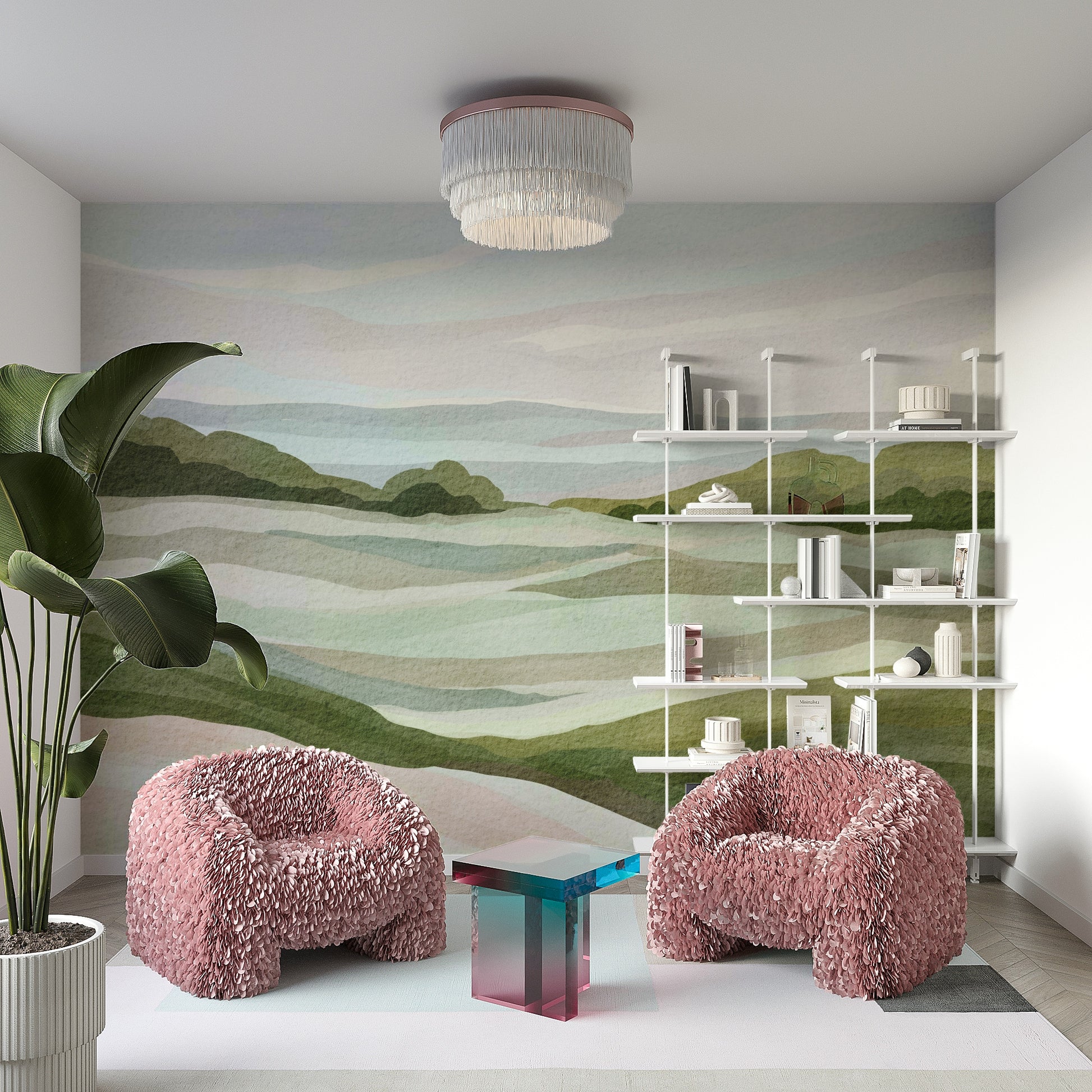 Scenic green hills mural for calming room decor


