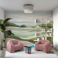 Scenic green hills mural for calming room decor

