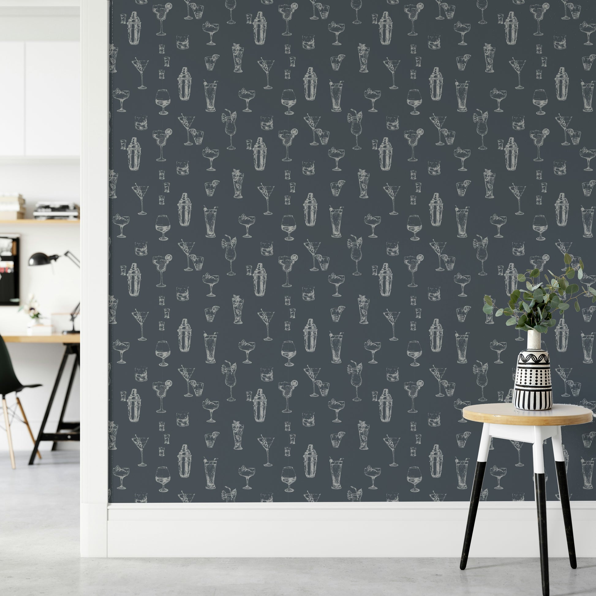 Sketch-style wallpaper with various cocktail designs

