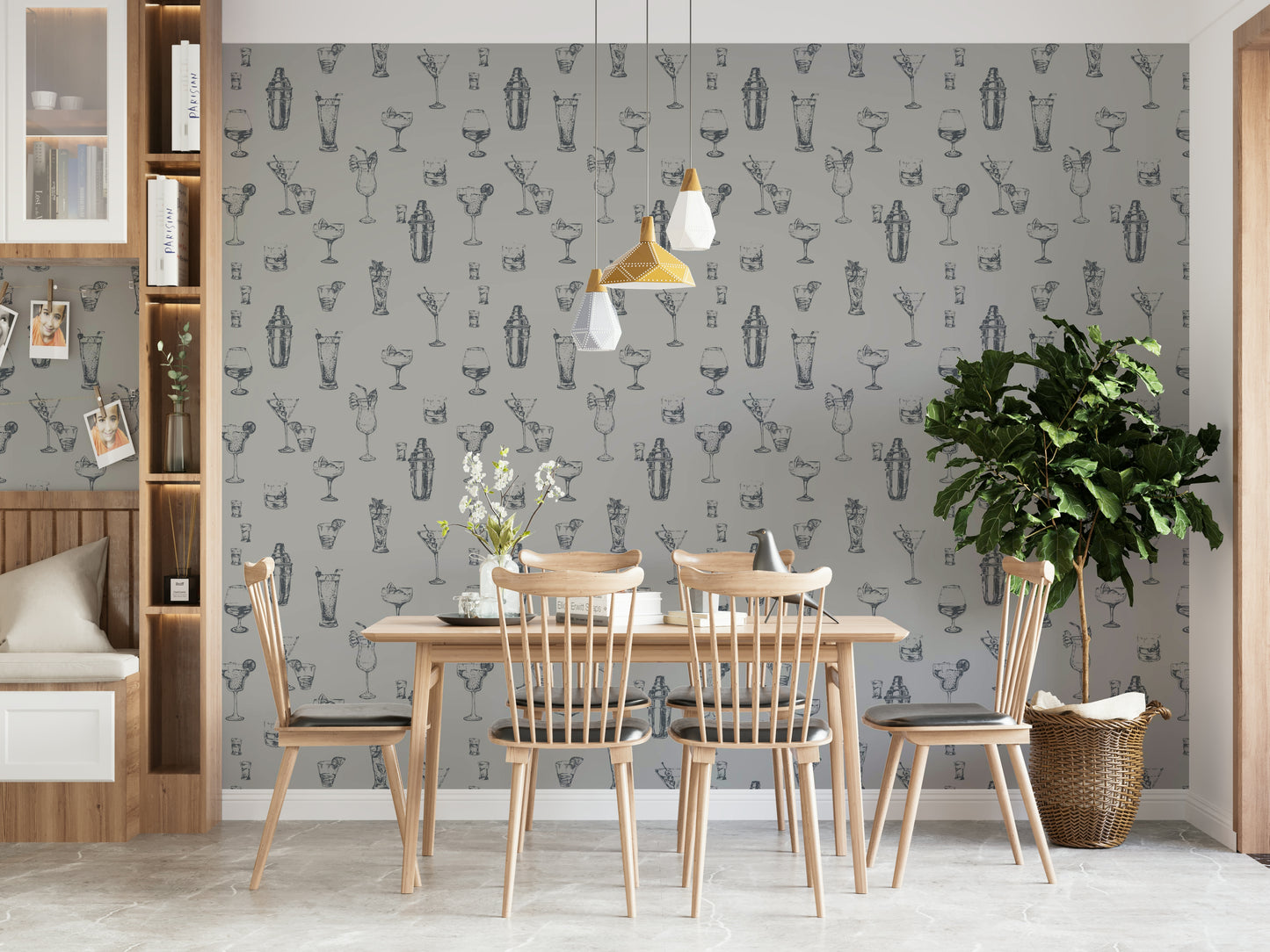 Hand-drawn cocktail wallpaper for home bars

