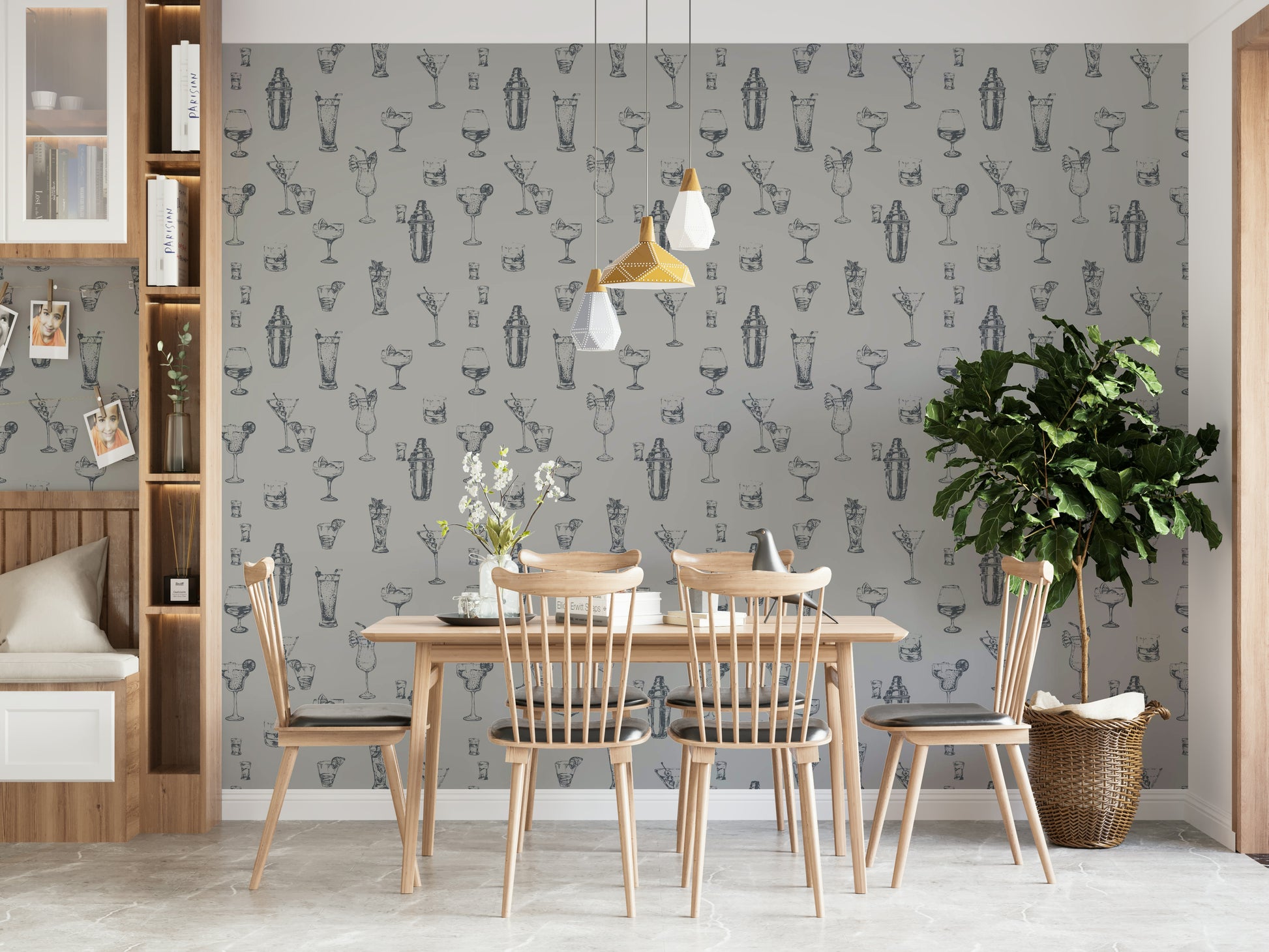 Hand-drawn cocktail wallpaper for home bars

