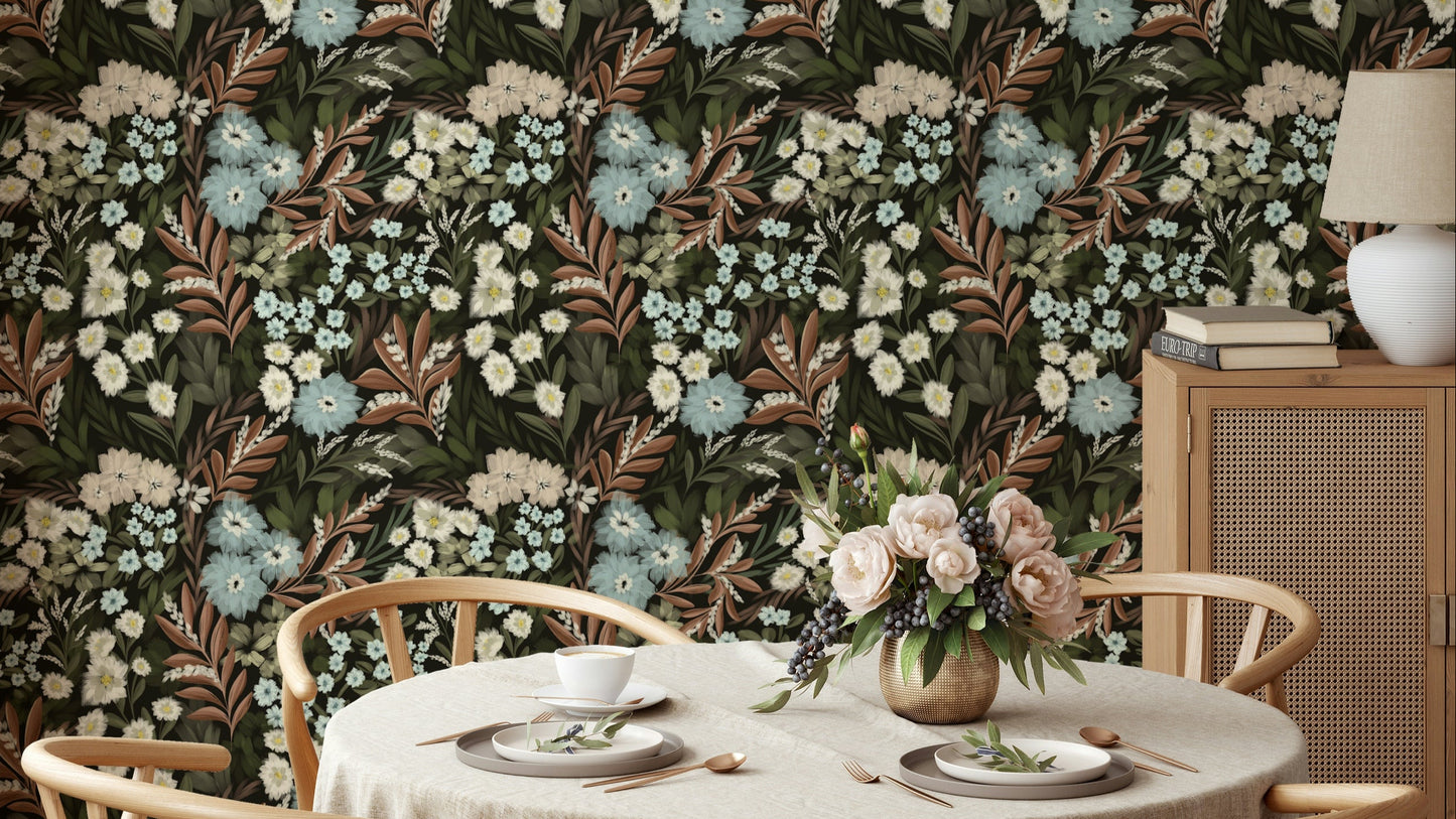 Deep color floral wallpaper with night forest theme

