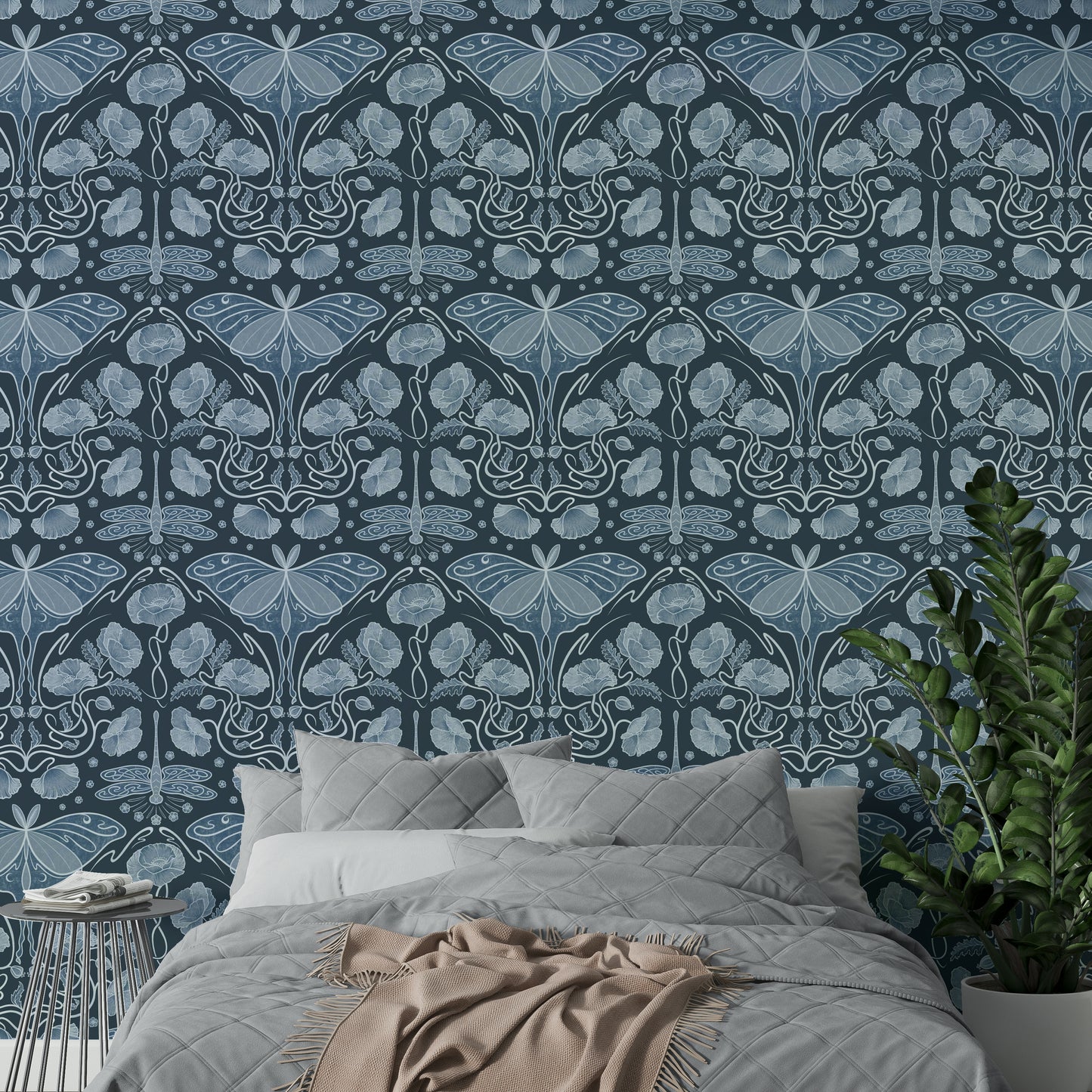 Artistic wallpaper with blue poppy patterns

