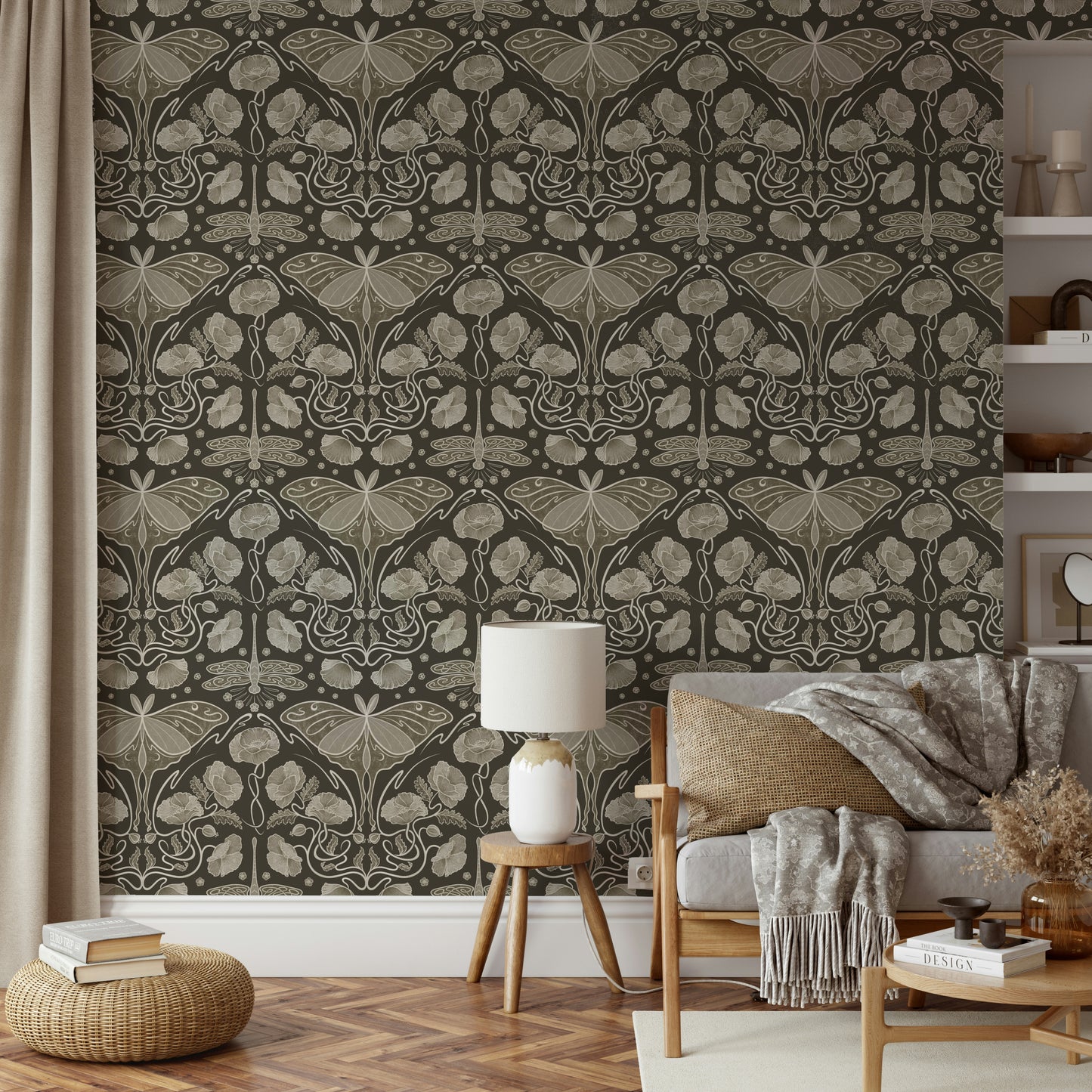 Art Nouveau Poppies & Luna Moth Sepia Wallpaper Wallpaper⁠