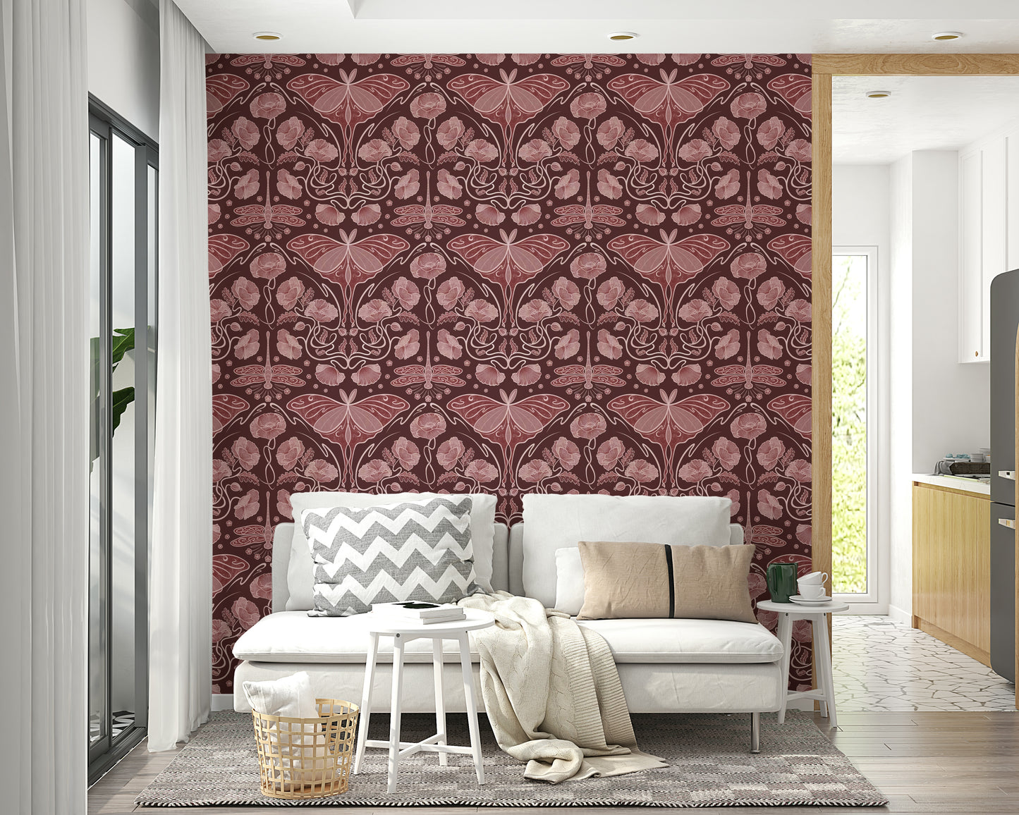 Bold floral mural with luna moth accents

