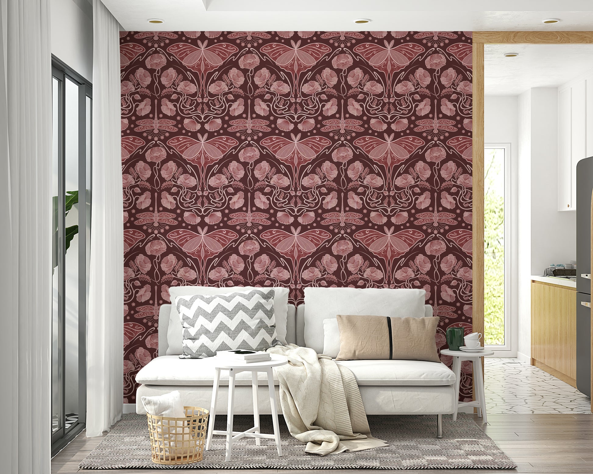Bold floral mural with luna moth accents

