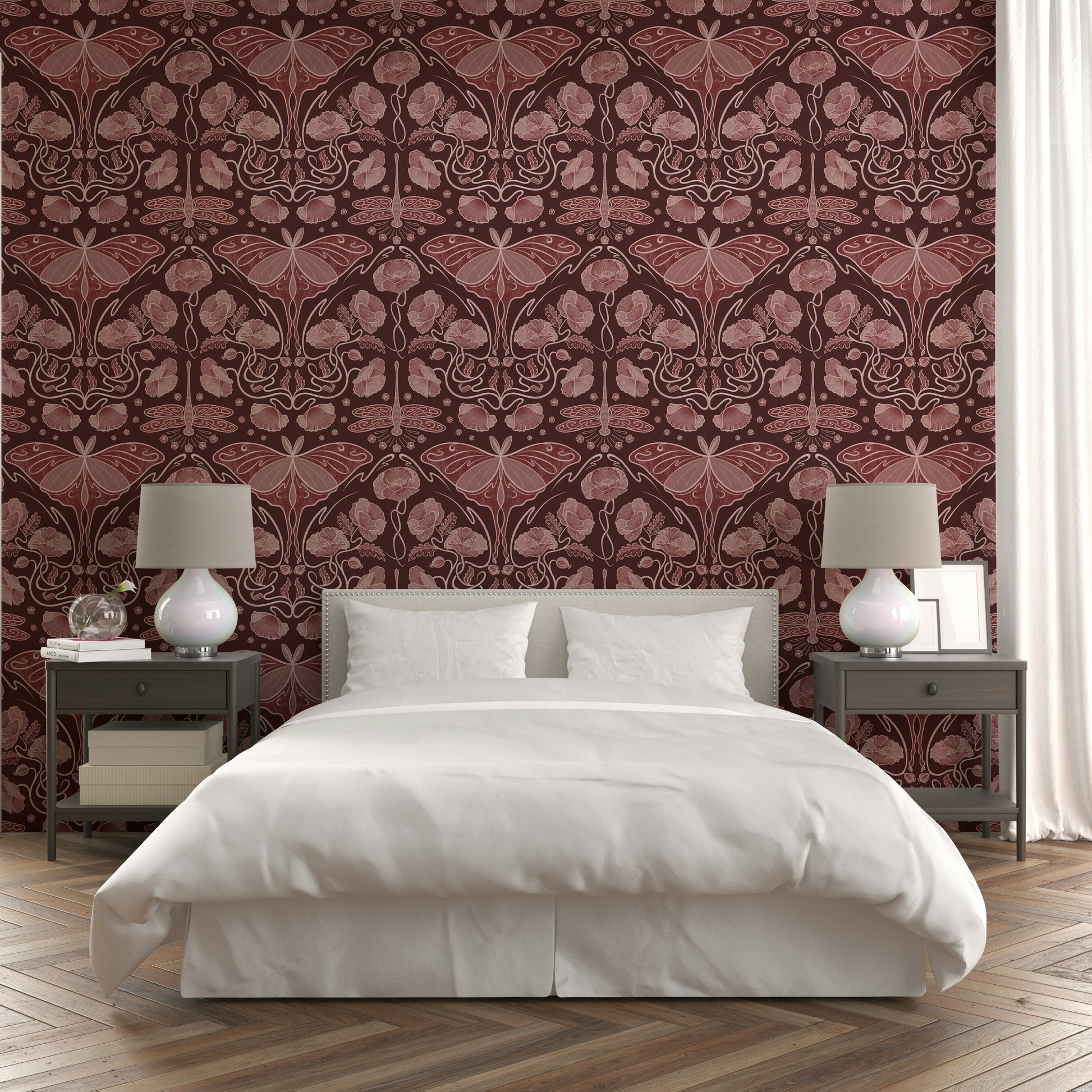 Vintage-style wallpaper featuring poppies and moths

