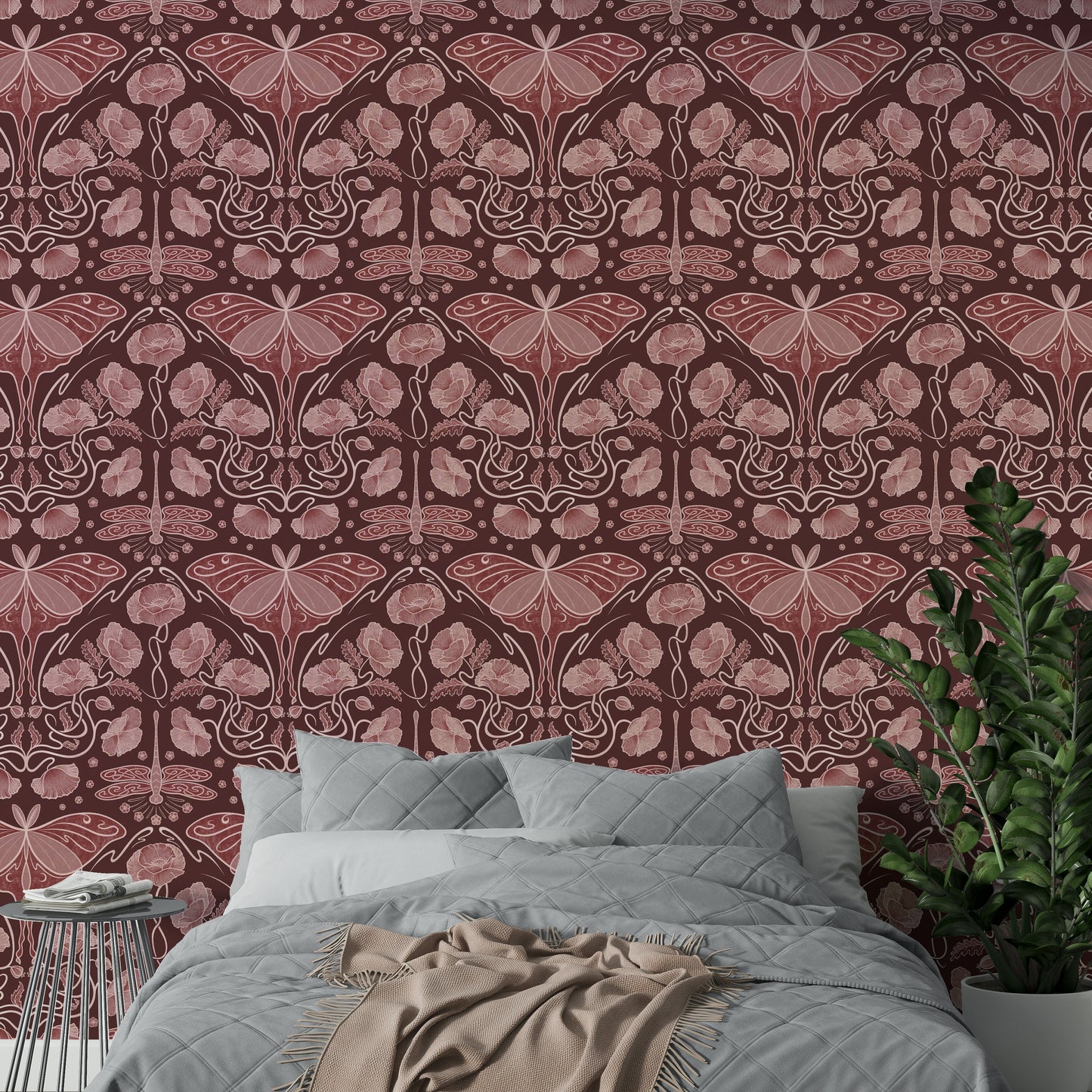 Crimson wallpaper with Art Nouveau patterns

