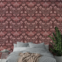 Crimson wallpaper with Art Nouveau patterns

