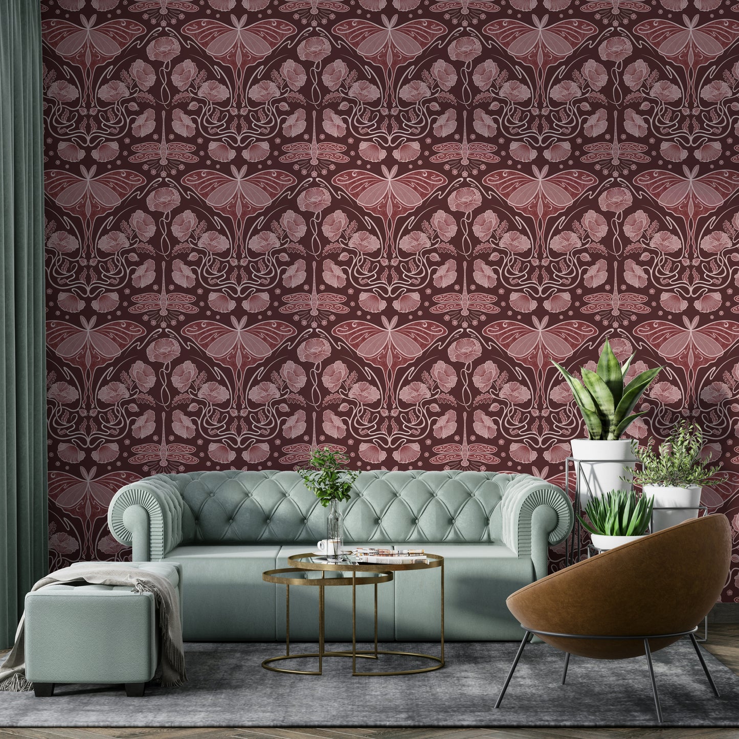 Art Nouveau floral wallpaper with crimson base

