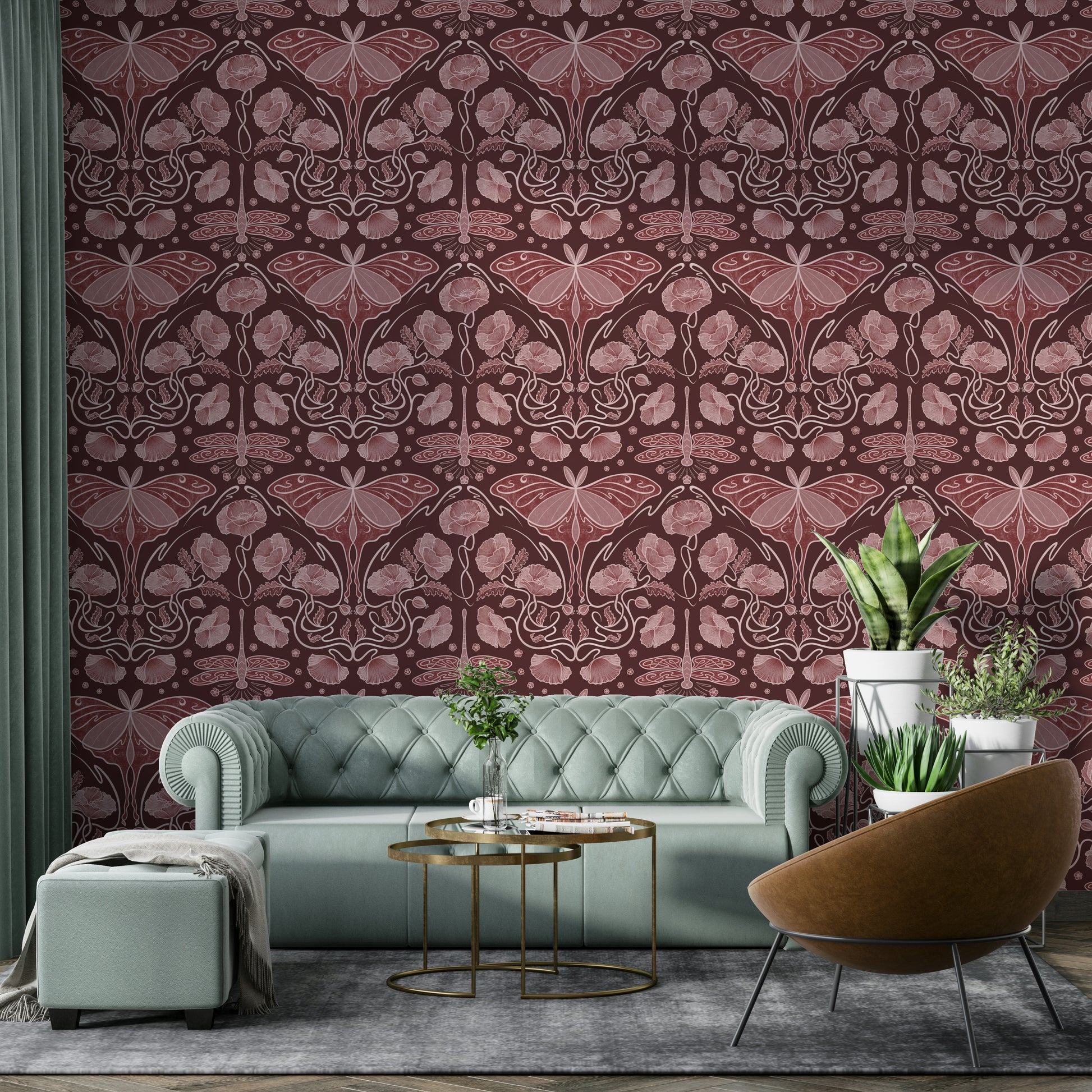 Art Nouveau floral wallpaper with crimson base

