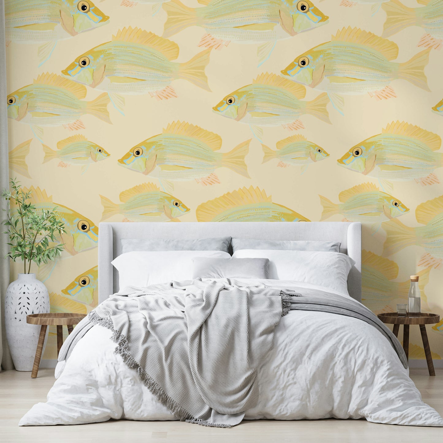 Fish wall design in gentle aquatic hues

