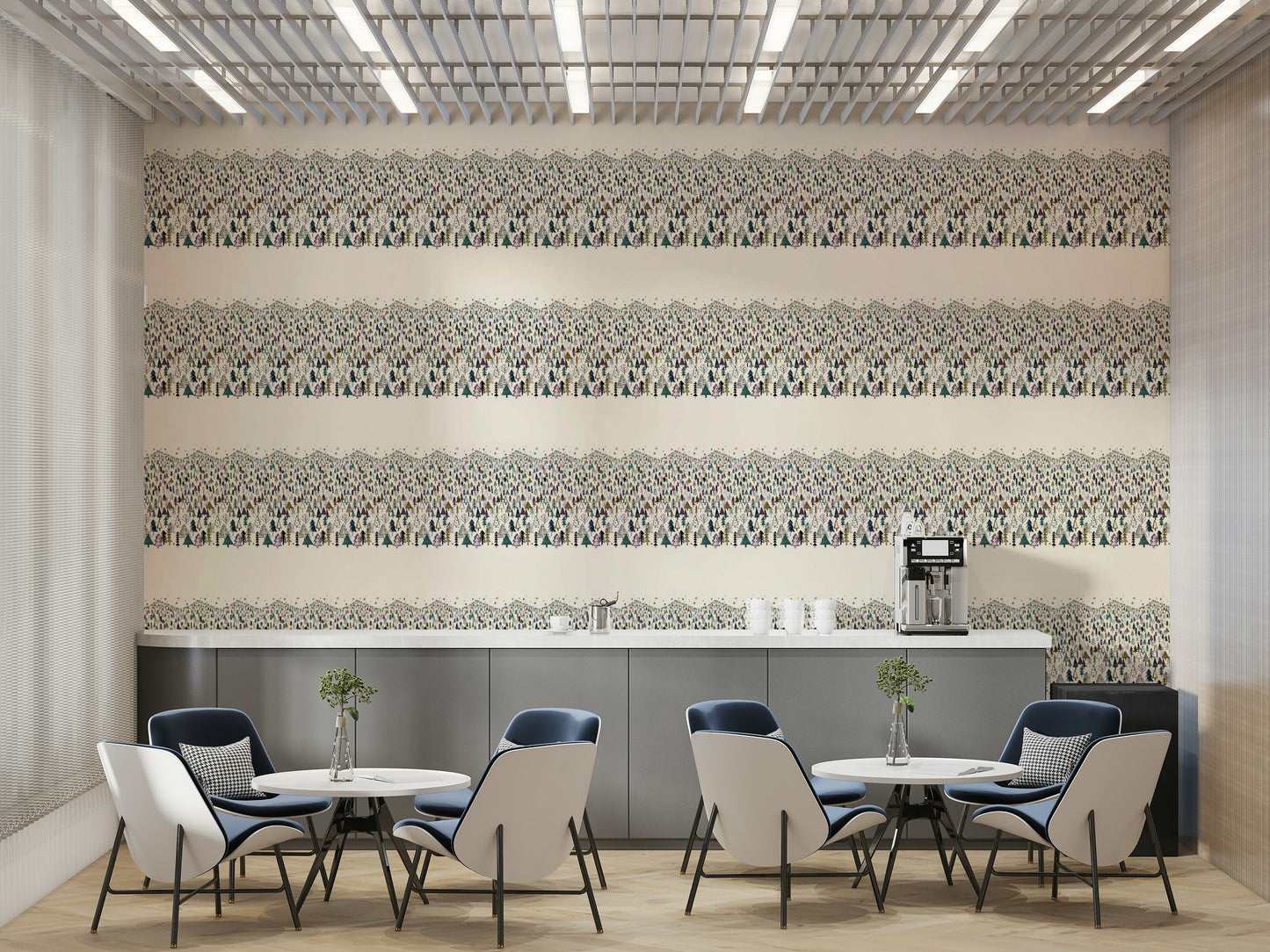 Scenic mountain trees wallpaper in purple hues

