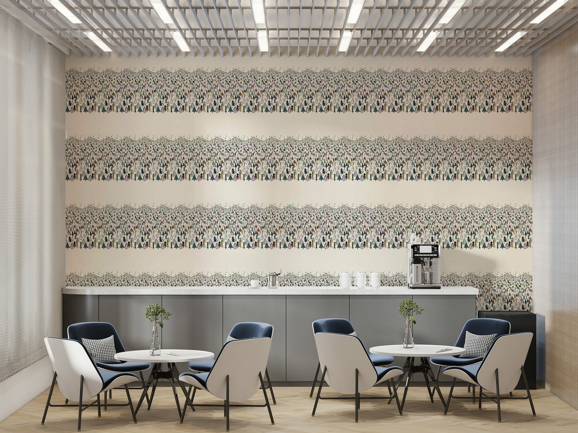 Scenic mountain trees wallpaper in purple hues

