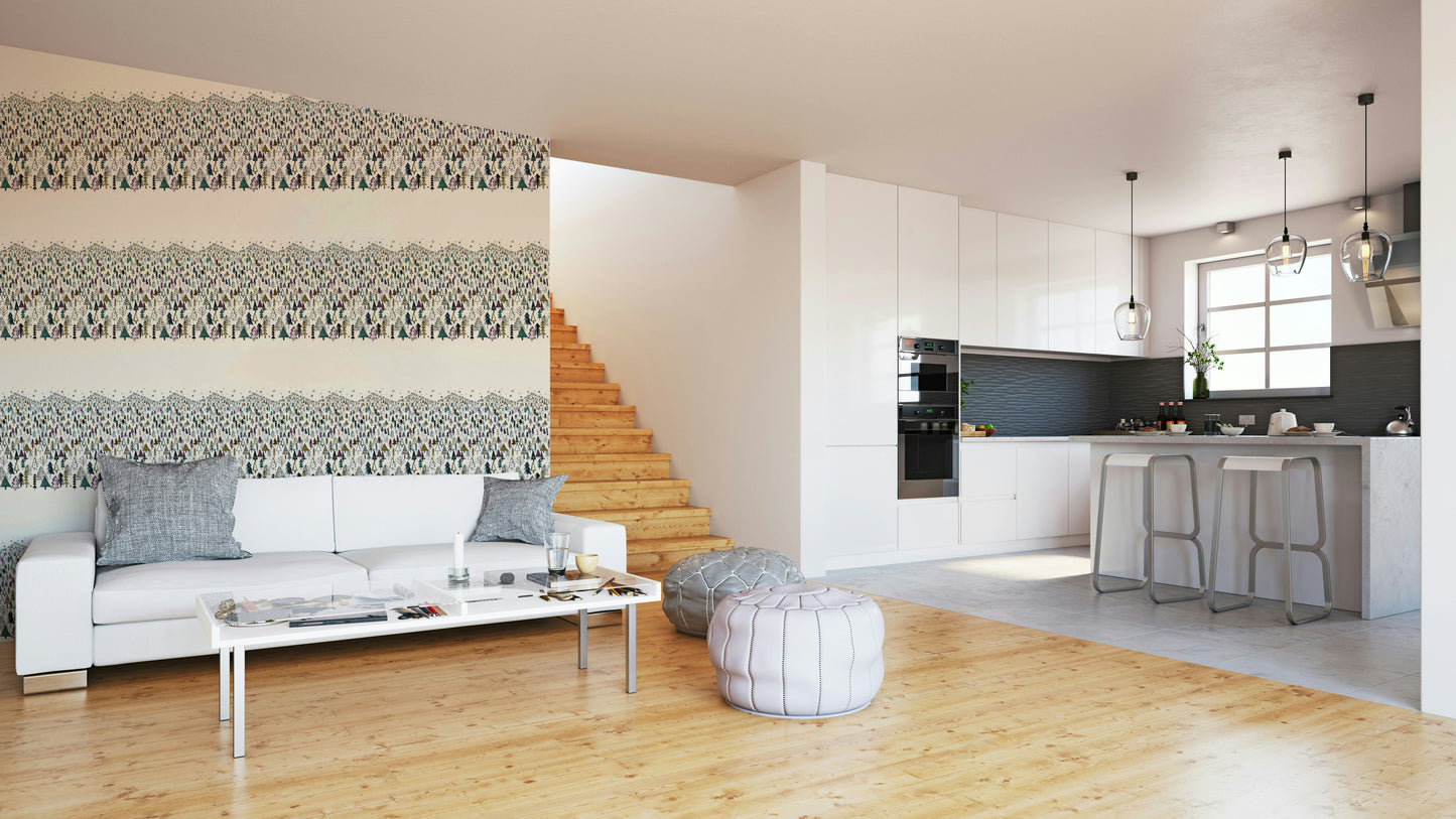 Forest wallpaper featuring purple mountains and trees

