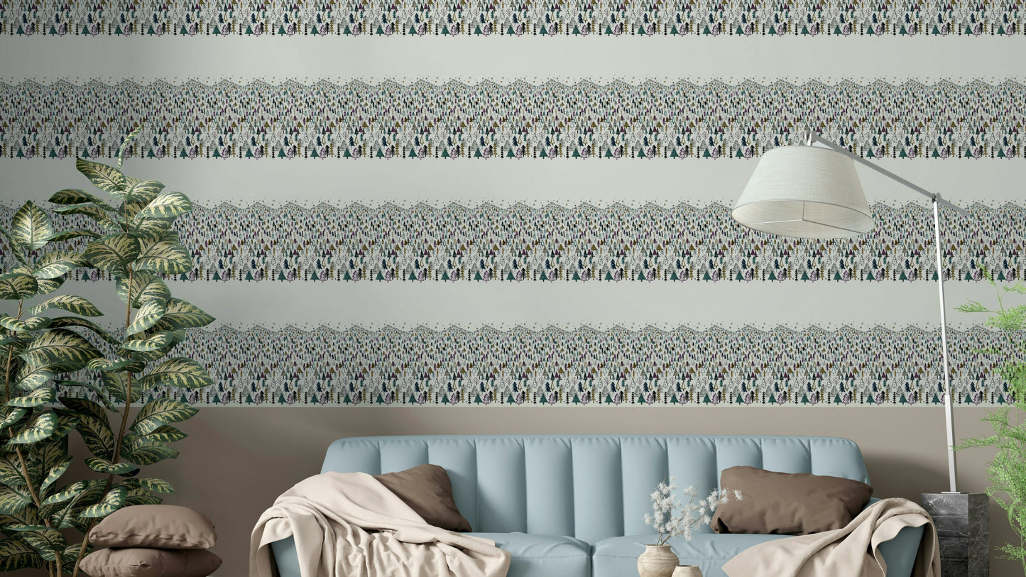 Purple mountain forest wallpaper with tall trees

