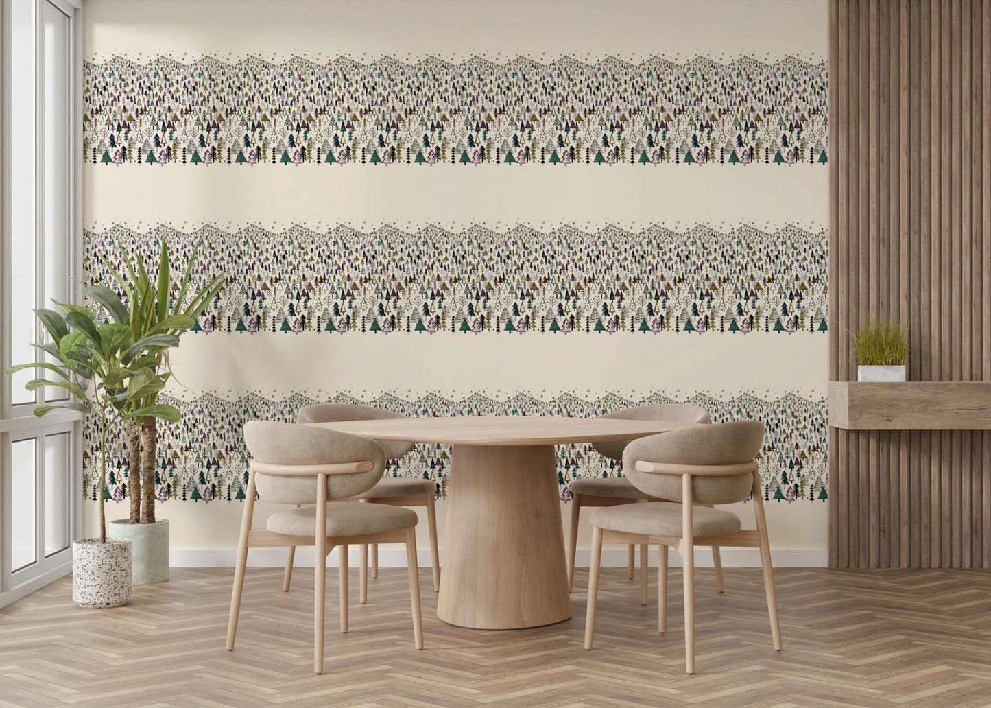 Purple toned mountain and tree wallpaper design

