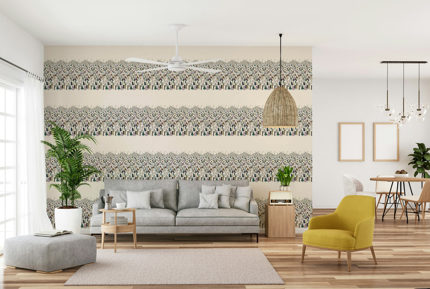 Calm purple mountain trees wallpaper for home decor

