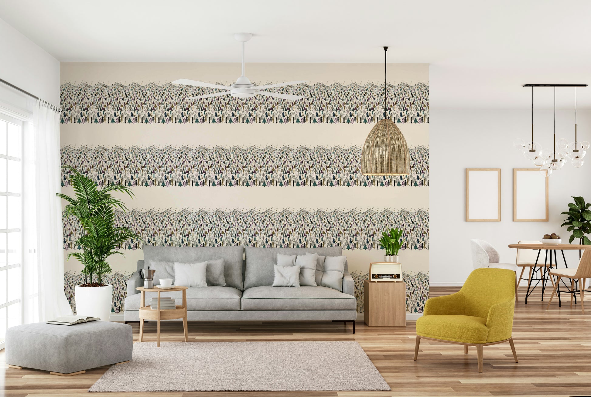 Calm purple mountain trees wallpaper for home decor

