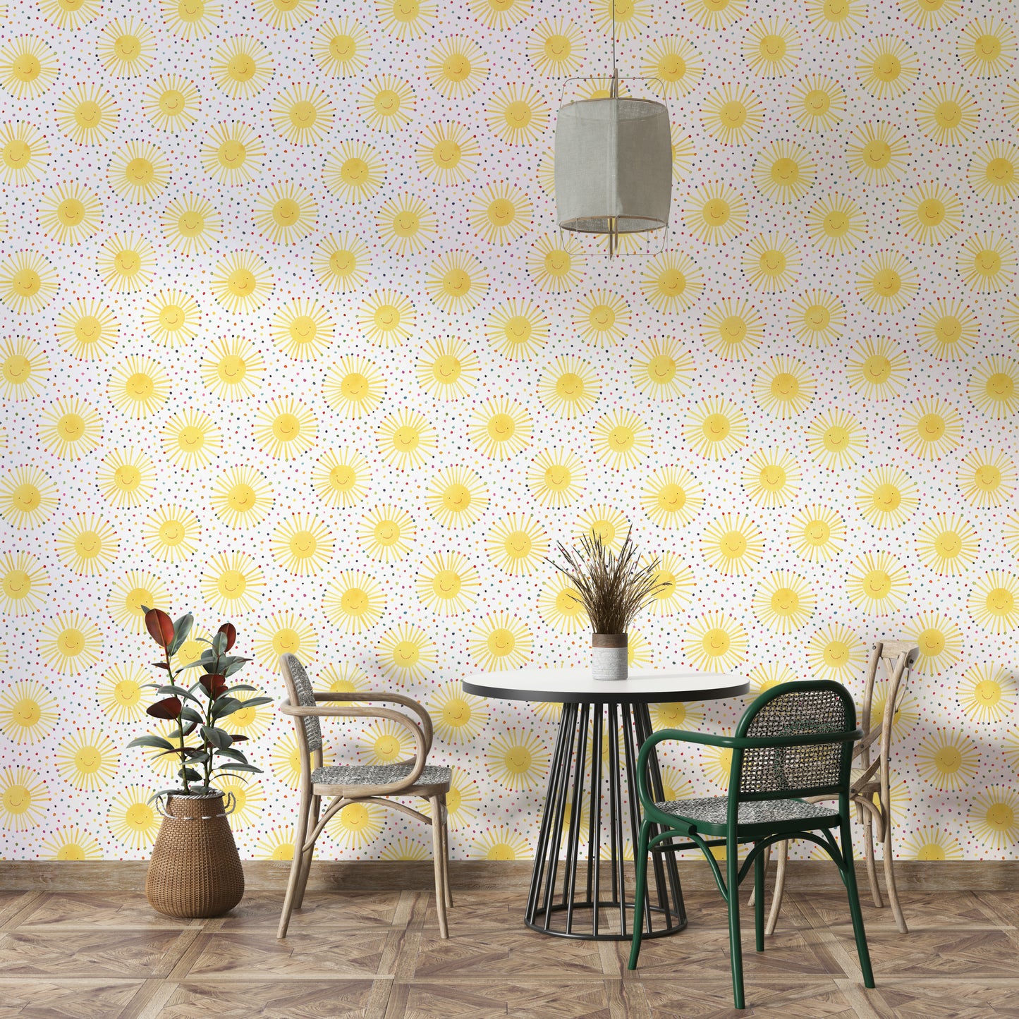 Happy suns wallpaper in soft pastel tones for nursery

