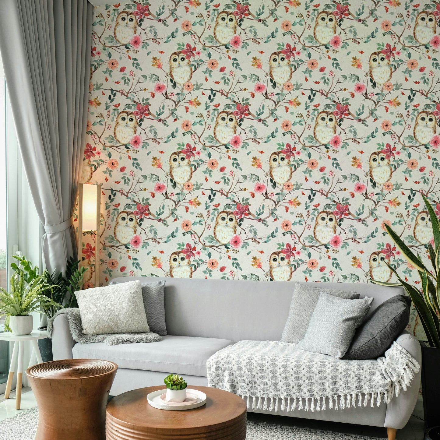 Nature-inspired owl wallpaper with green and red foliage

