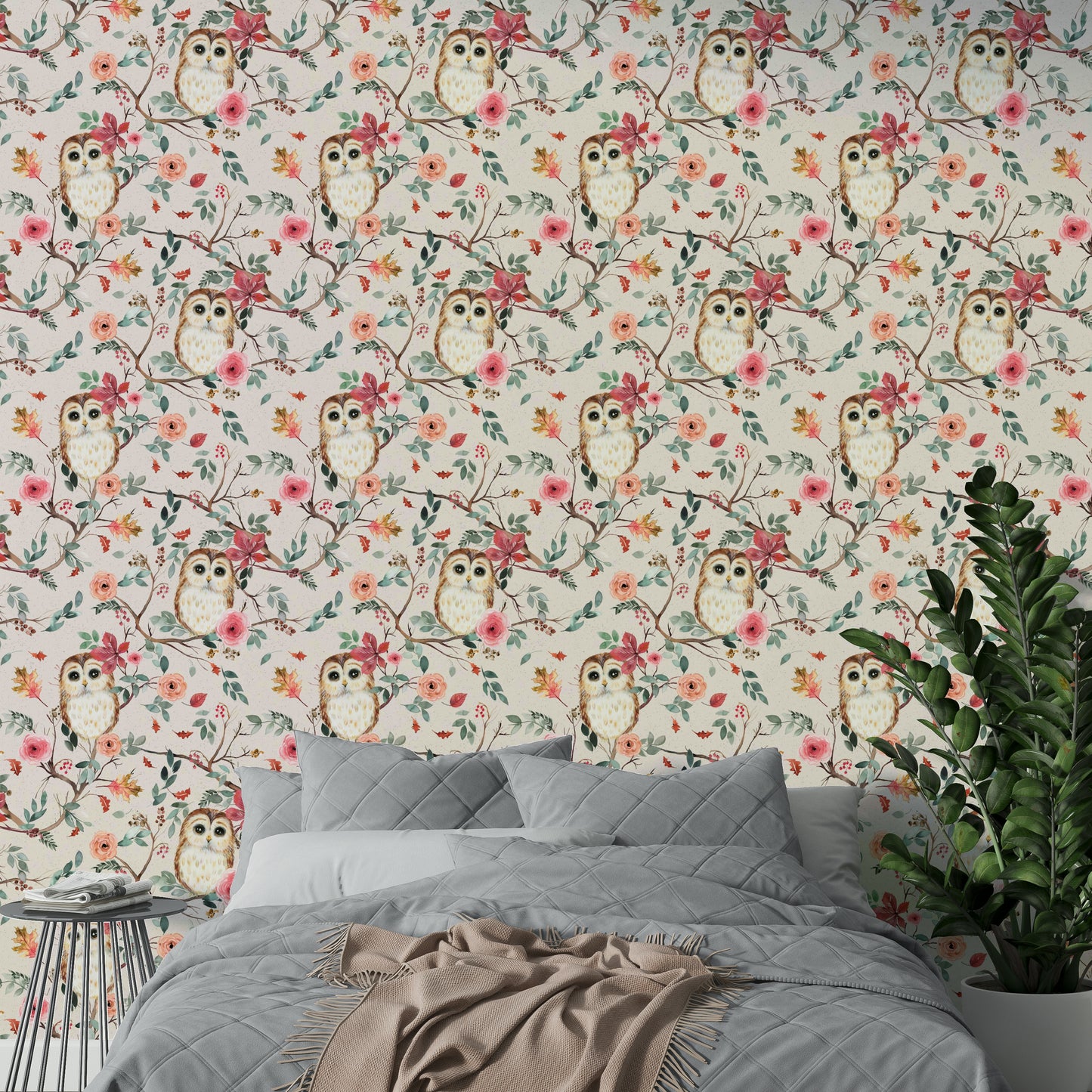 Detailed owl illustration on vibrant green and red tree background

