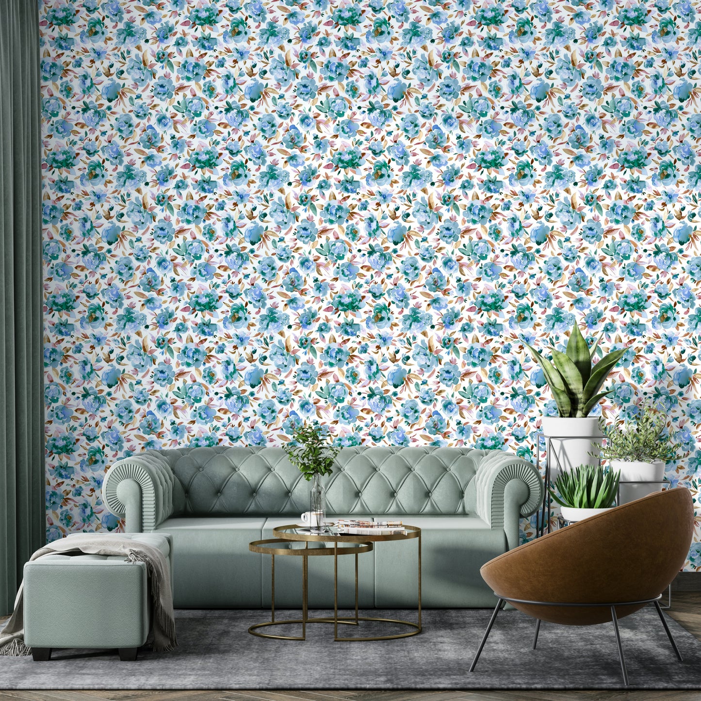 Light blue wallpaper with detailed peony flower prints

