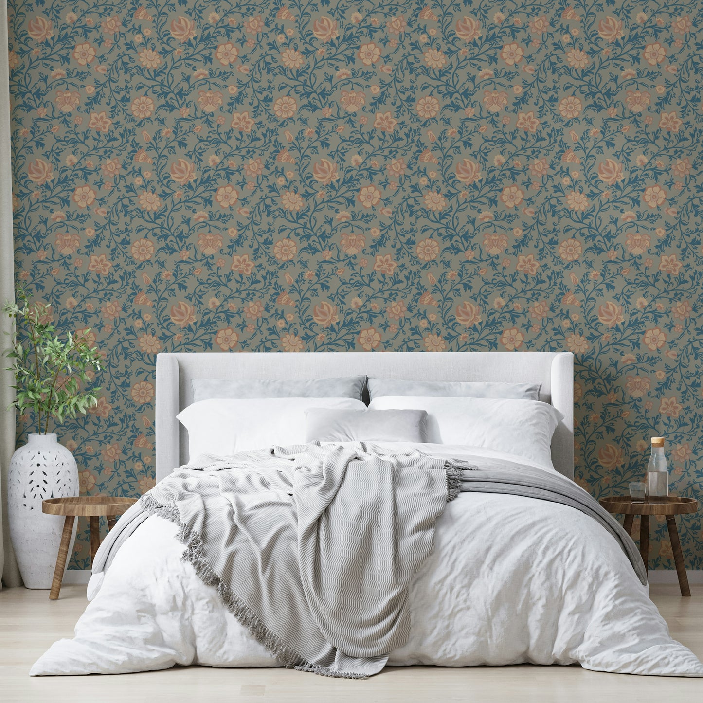 Teal wallpaper with vintage floral damask pattern

