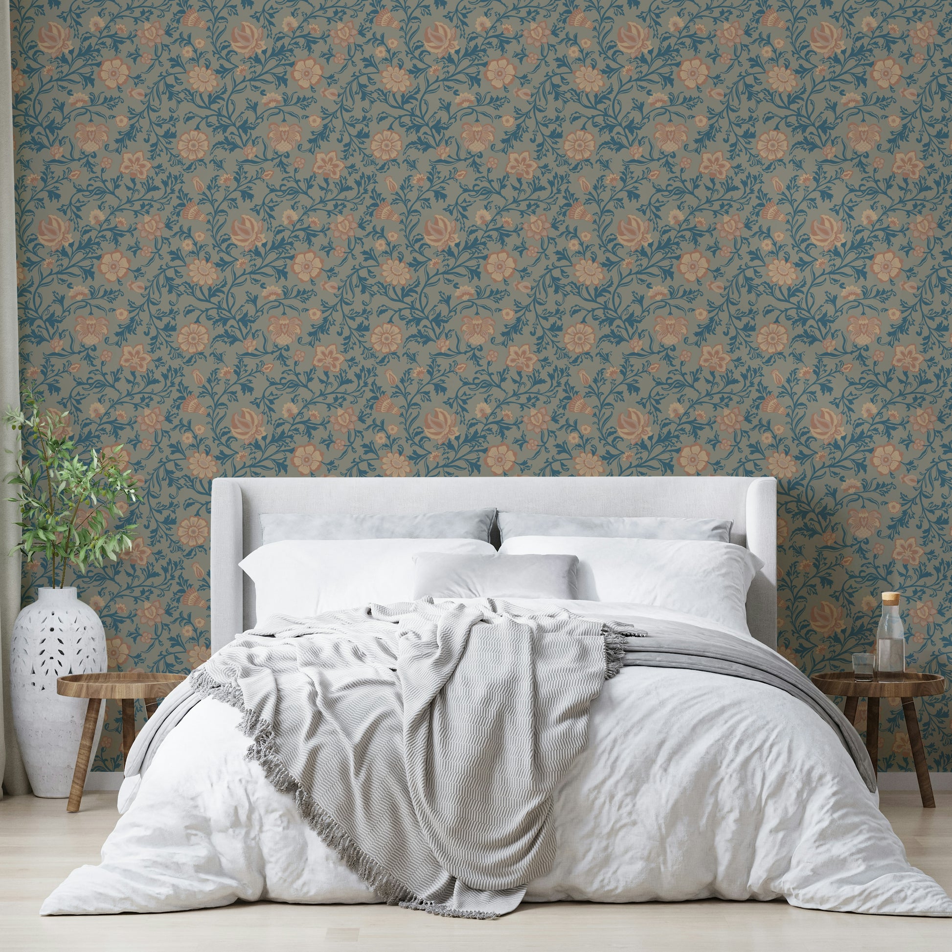 Teal wallpaper with vintage floral damask pattern

