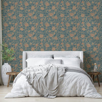 Teal wallpaper with vintage floral damask pattern

