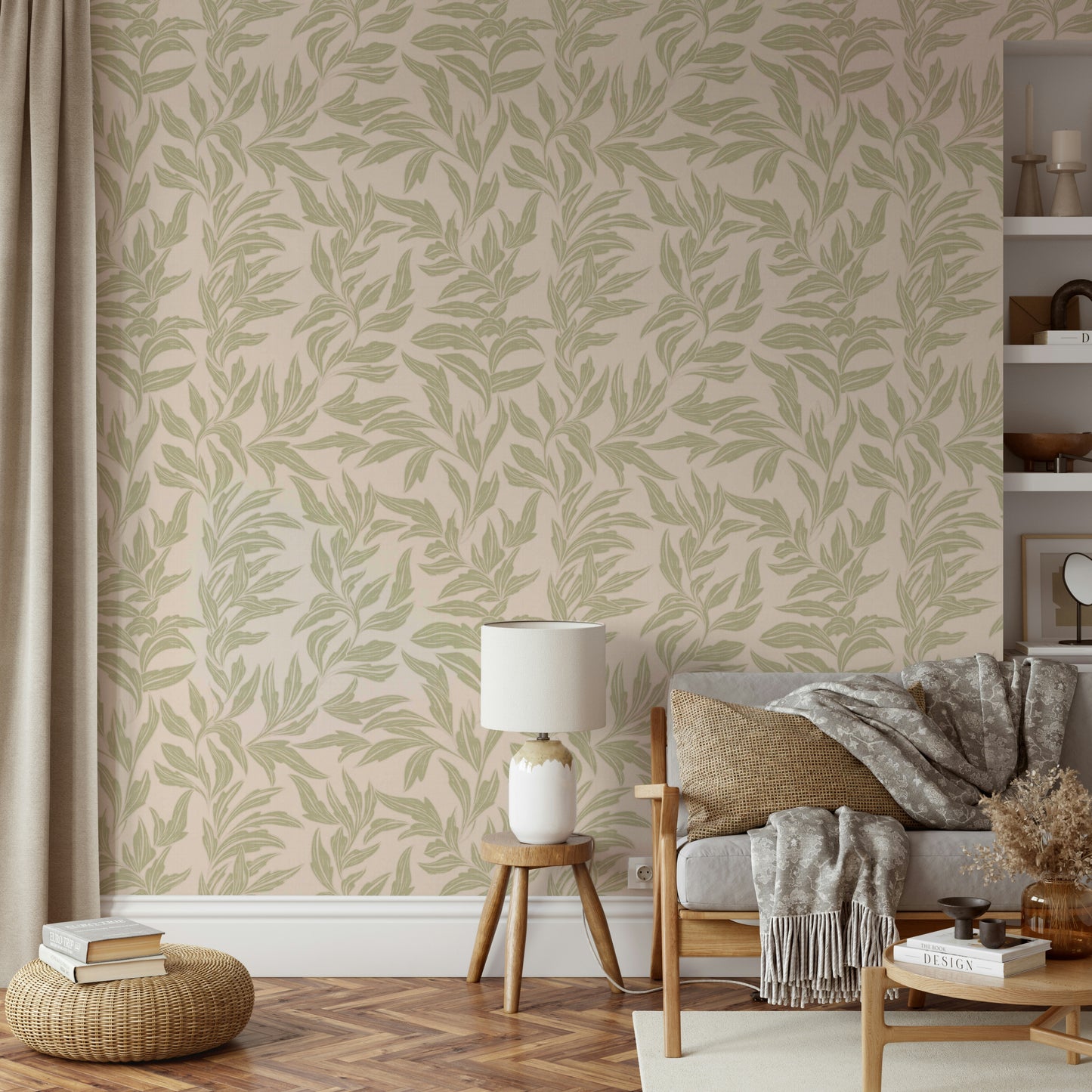 Serene wall design with sage green leaves

