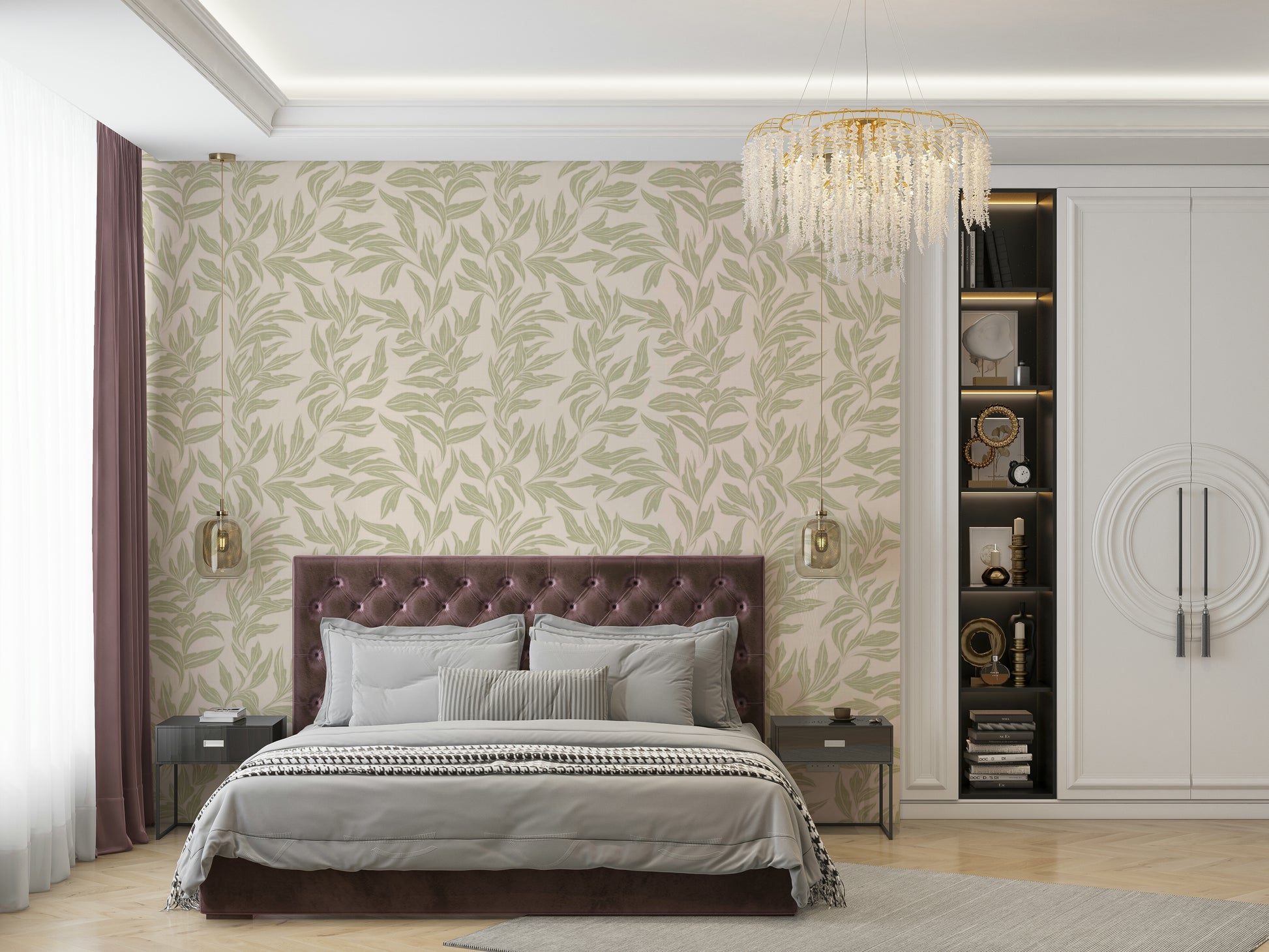 Soft sage leaves mural for modern interiors


