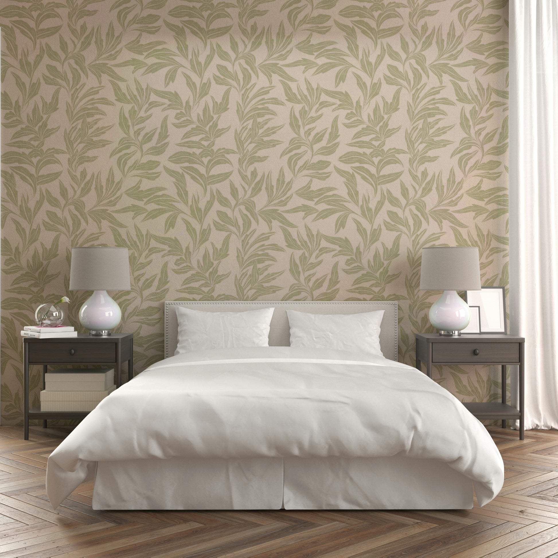 Nature-inspired sage green wallpaper design

