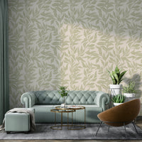 Elegant leaf wallpaper in muted sage tones


