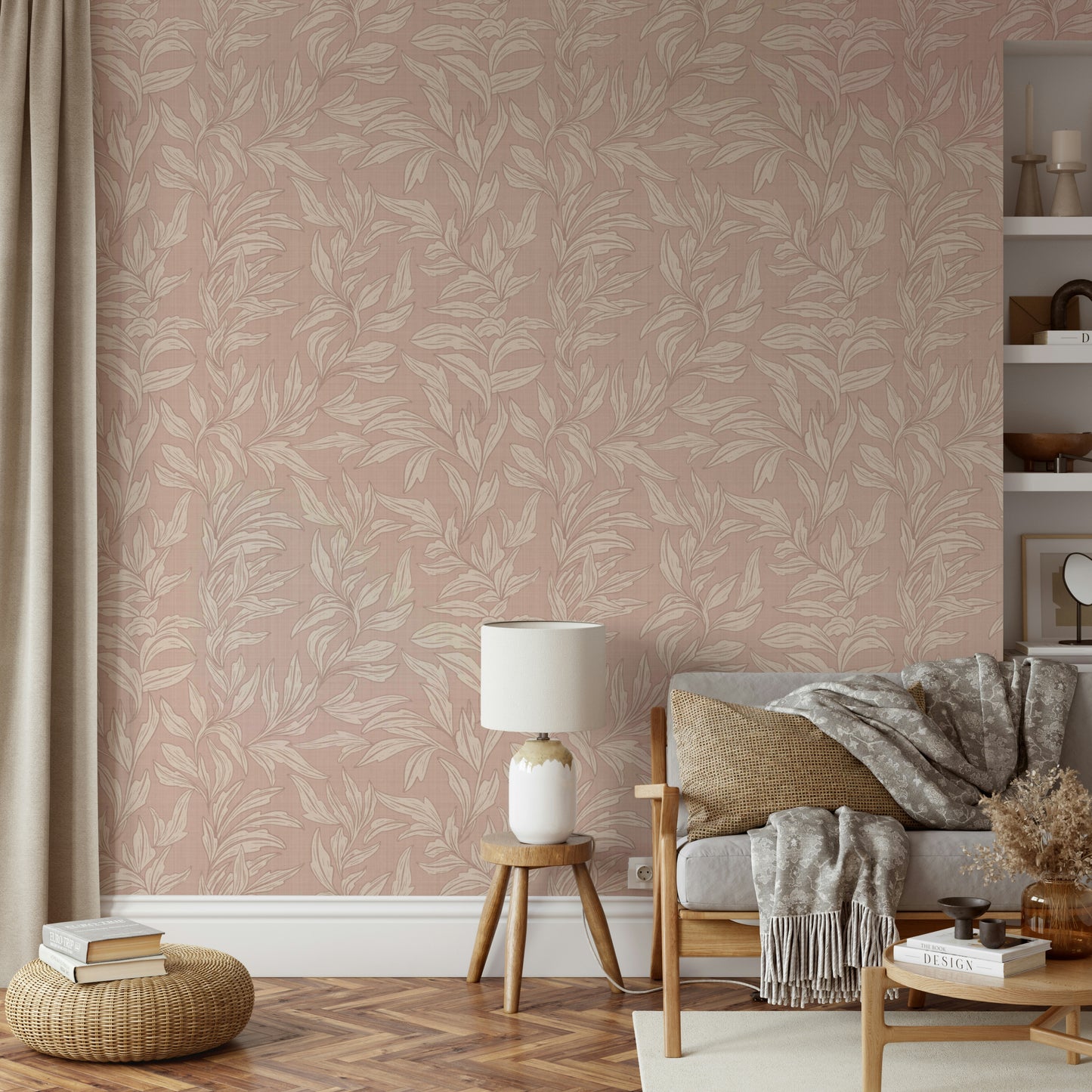 Leafy linen wall mural for cozy interiors

