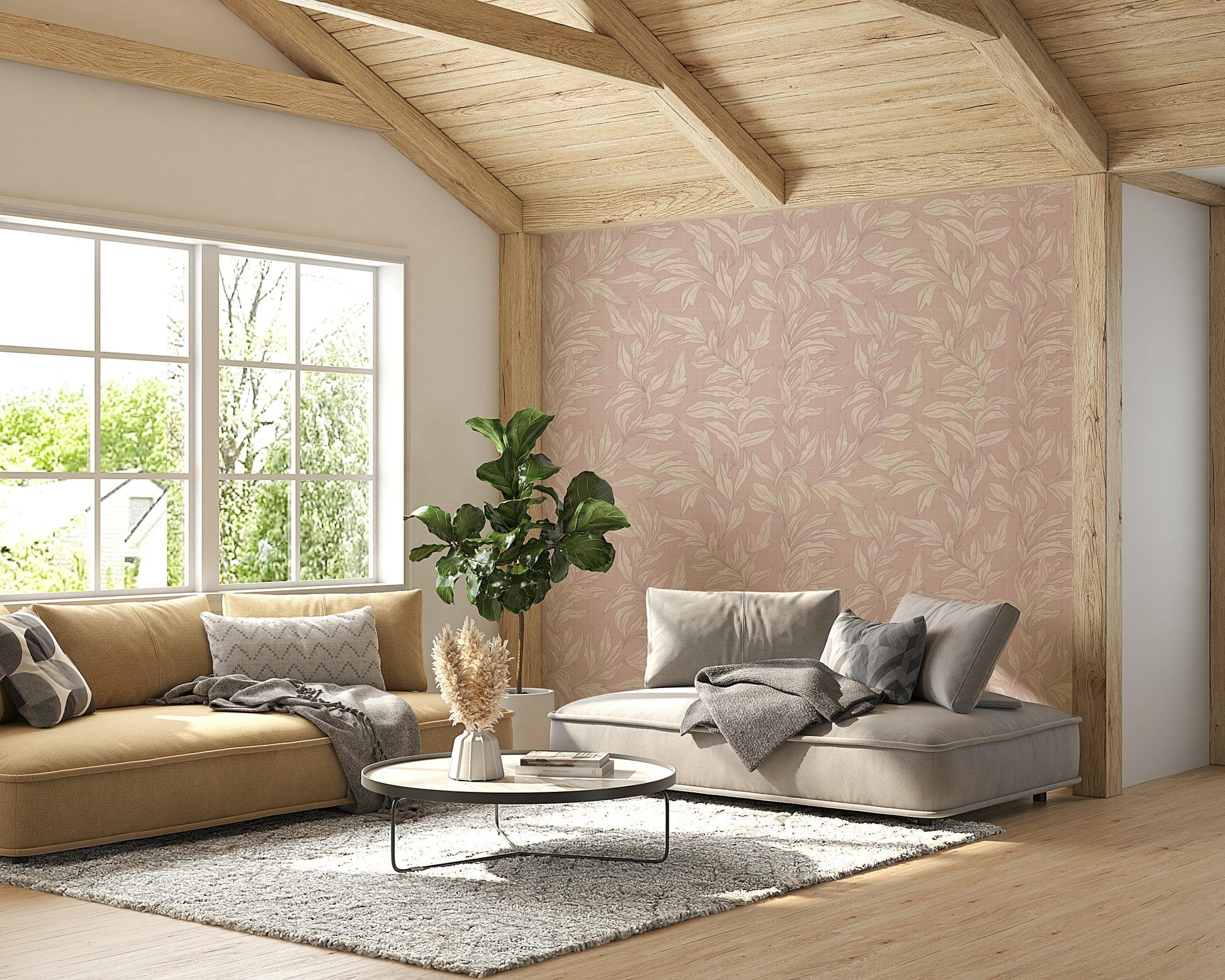 Linen leaf wallpaper with soft botanical design

