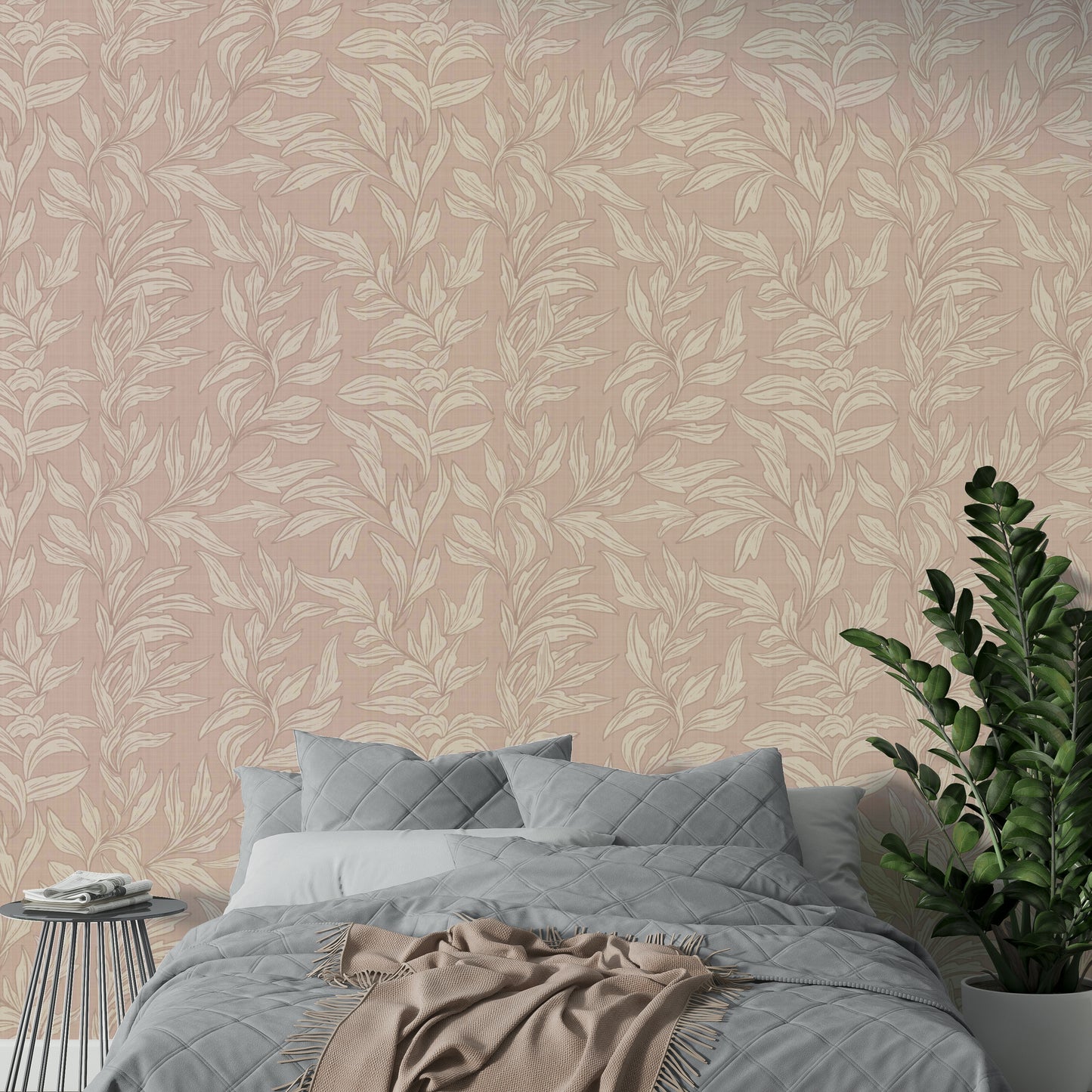 Botanical wallpaper with linen-like surface

