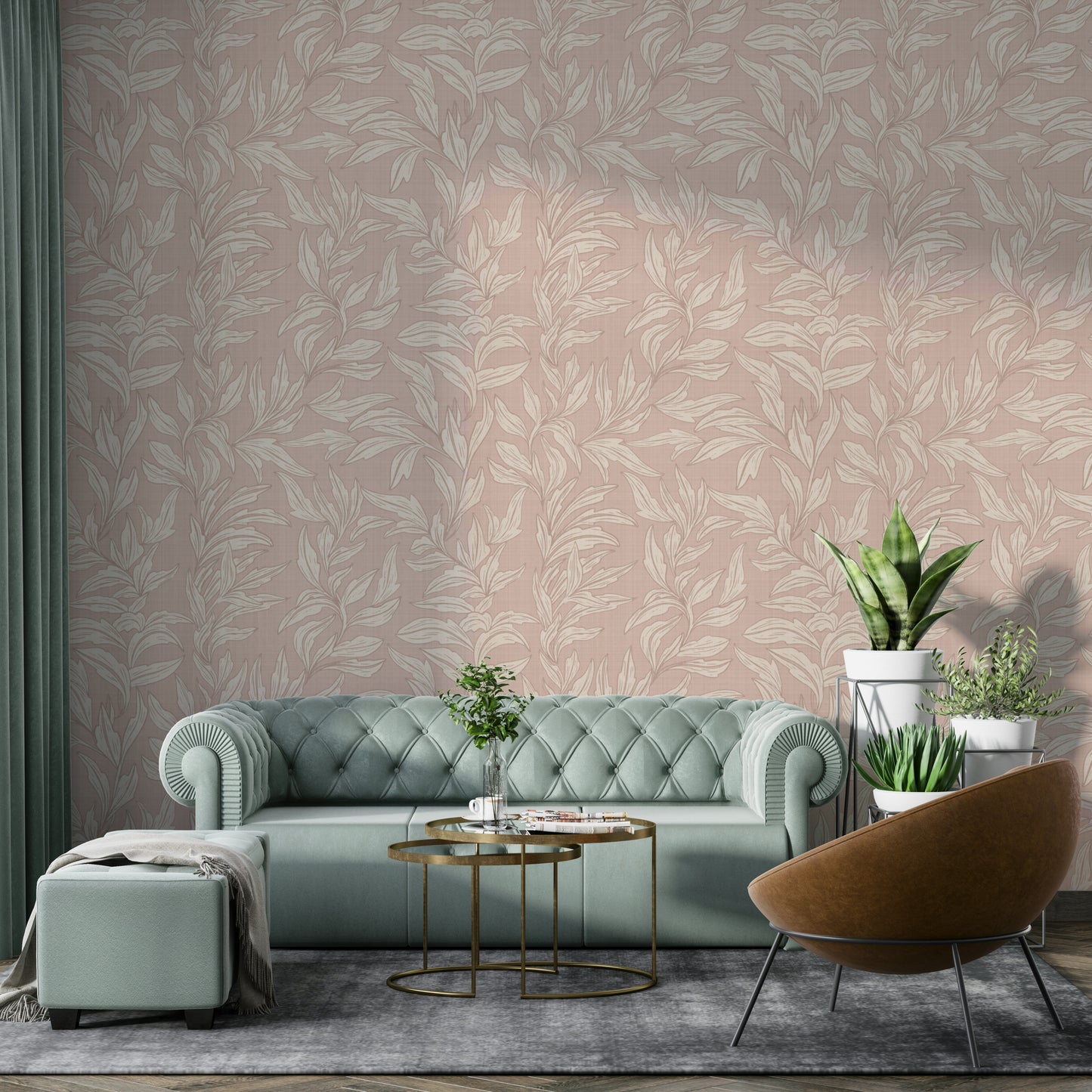 Textured leaf pattern wallpaper in linen tones

