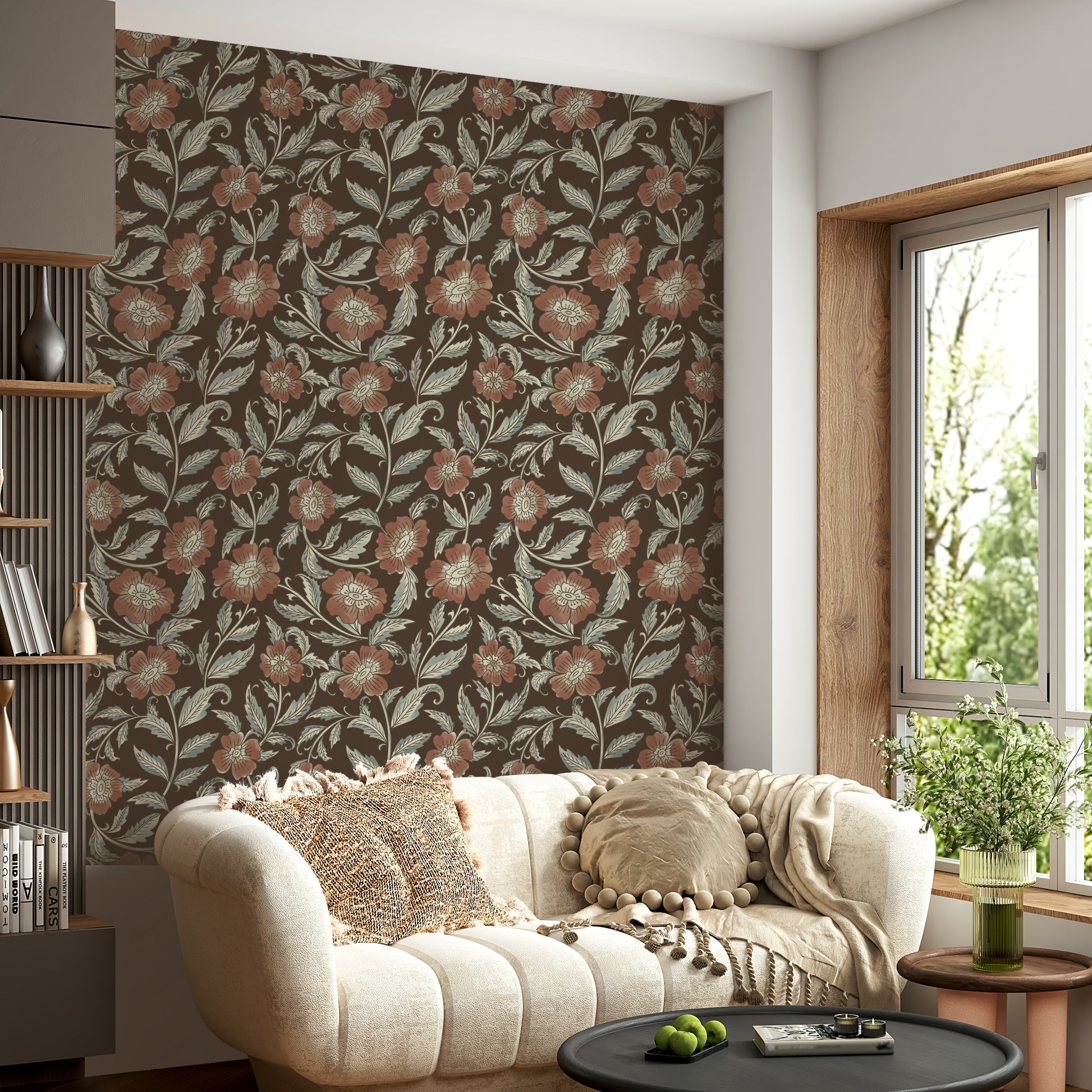 Warm floral trail wallpaper in terracotta tones

