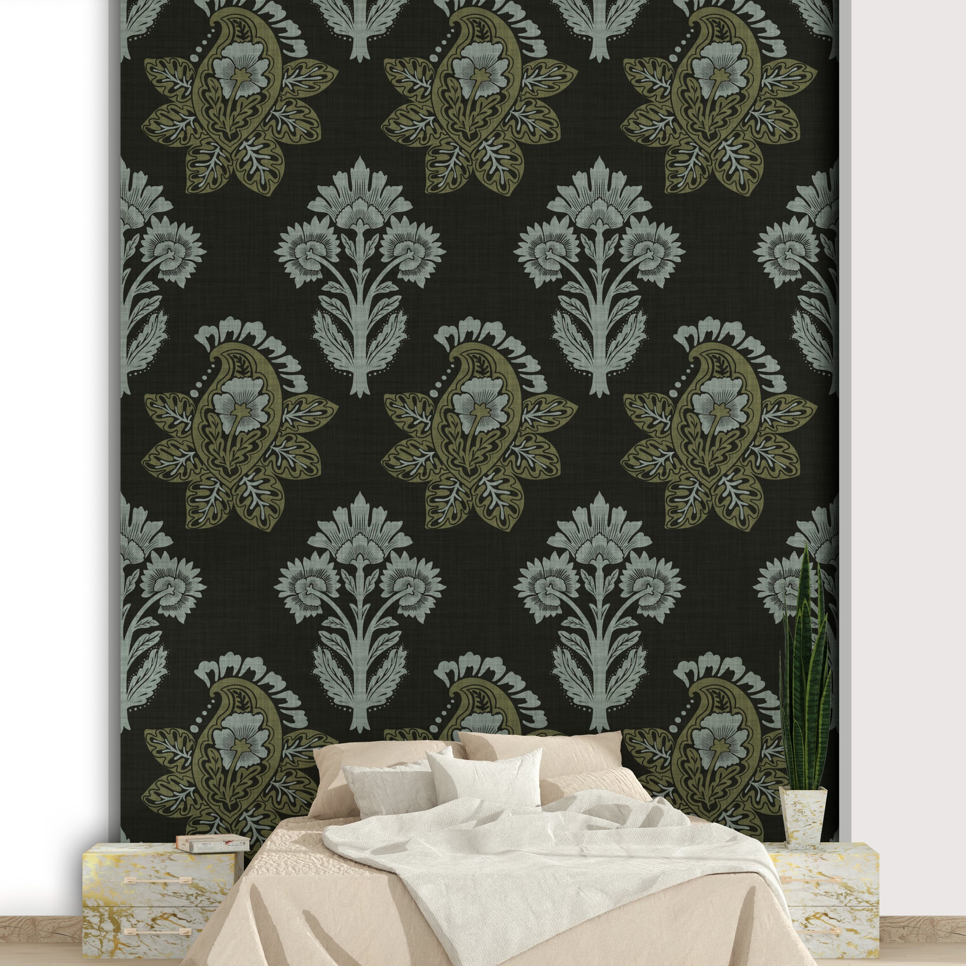 Sophisticated botanical wallpaper in shadow tones

