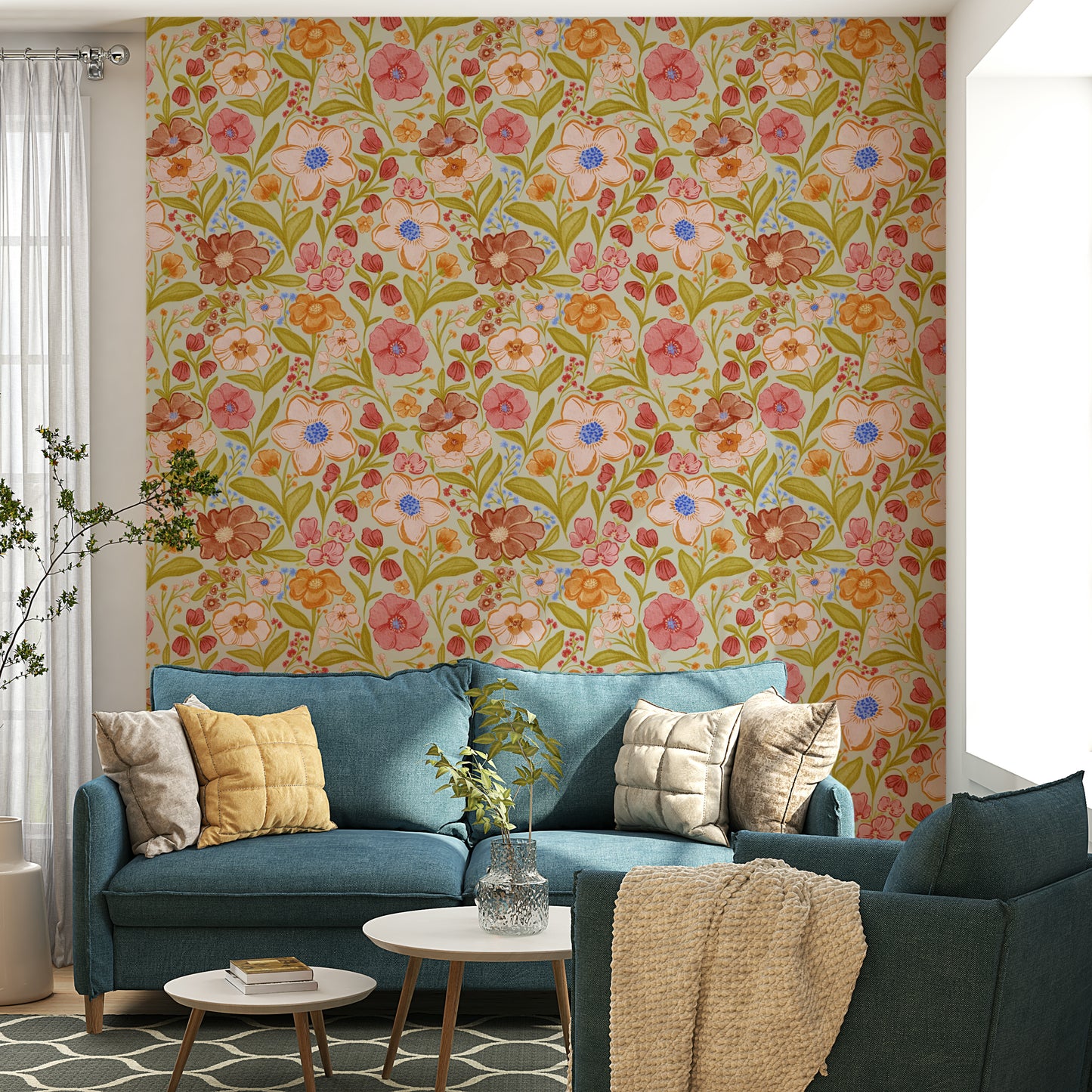 Watercolor floral mural for calm interiors

