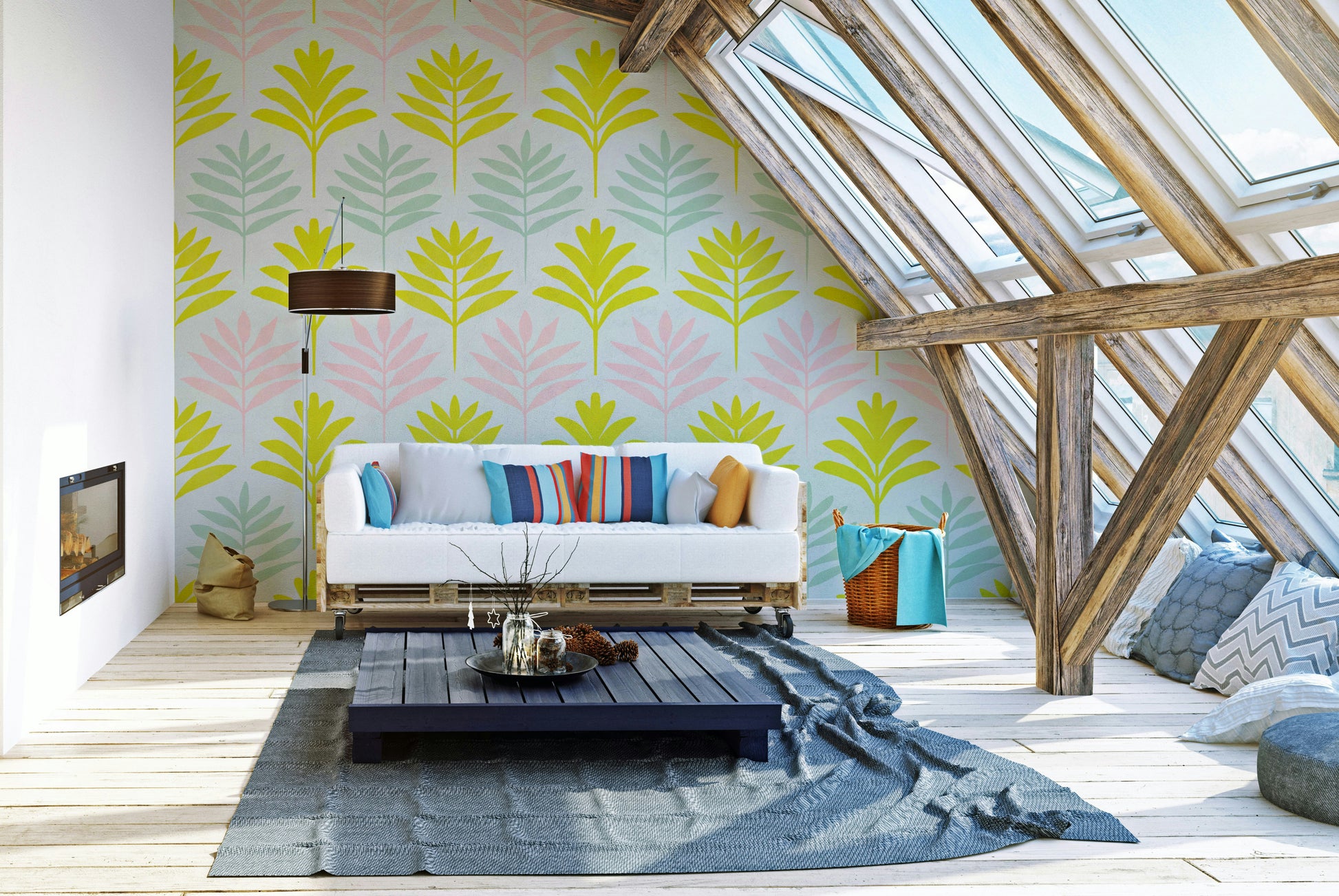 Wallpaper in blush, mint, and sky pastel shades

