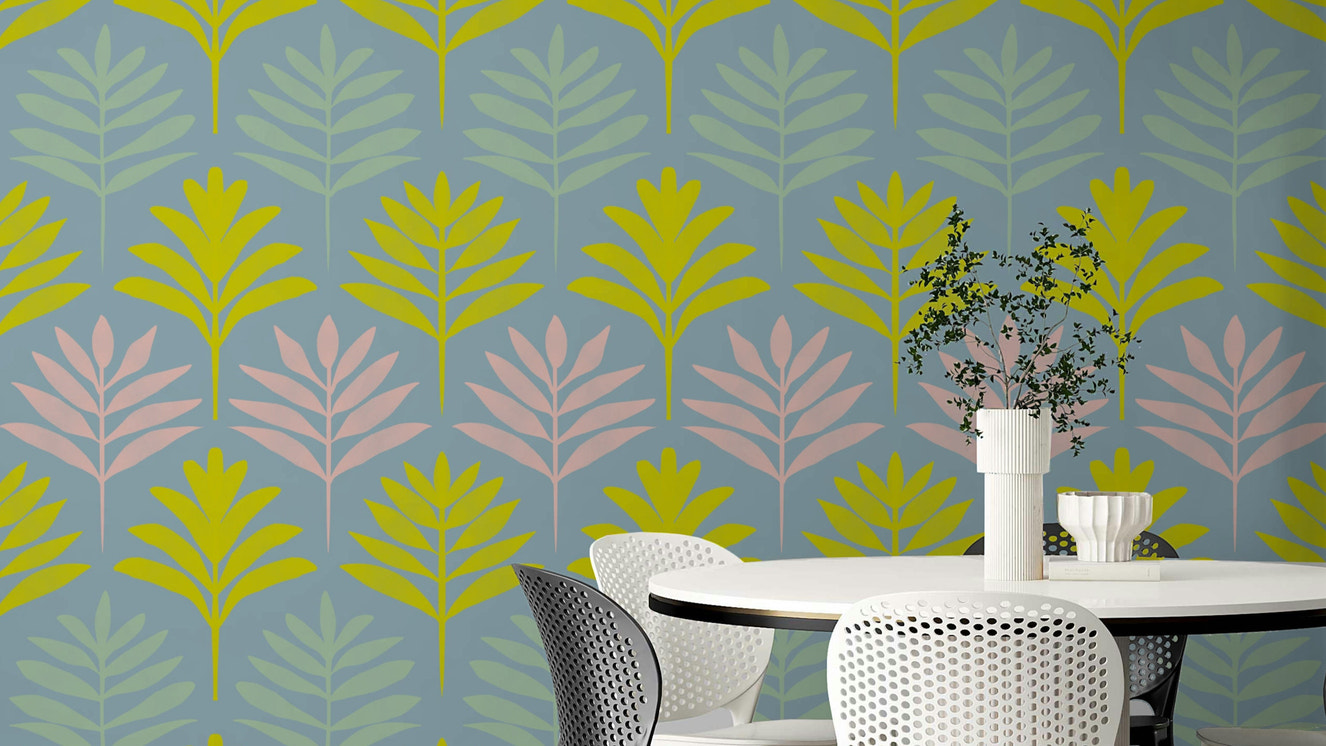 Tropical leaf mural in soft, soothing tones

