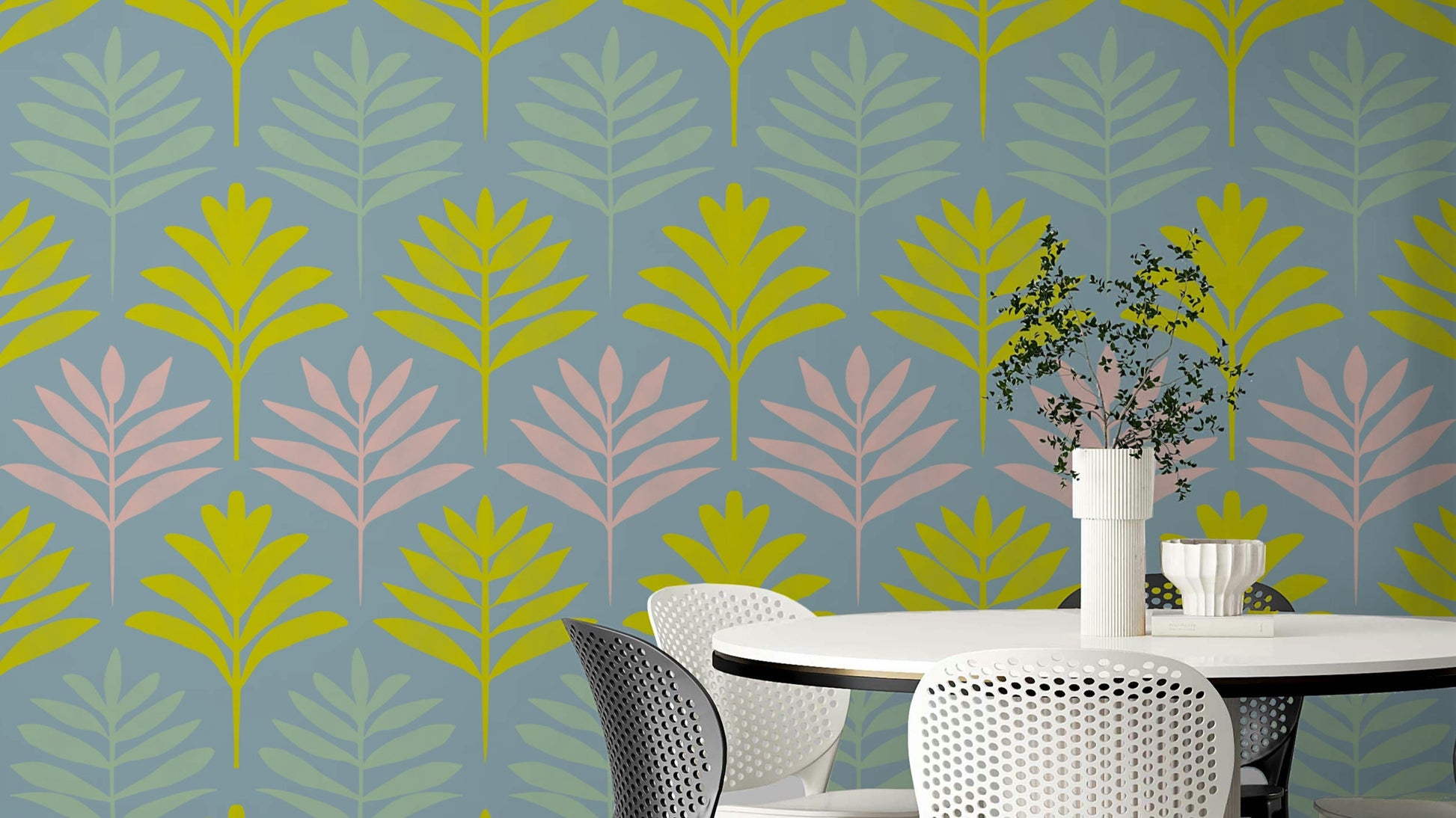 Tropical leaf mural in soft, soothing tones

