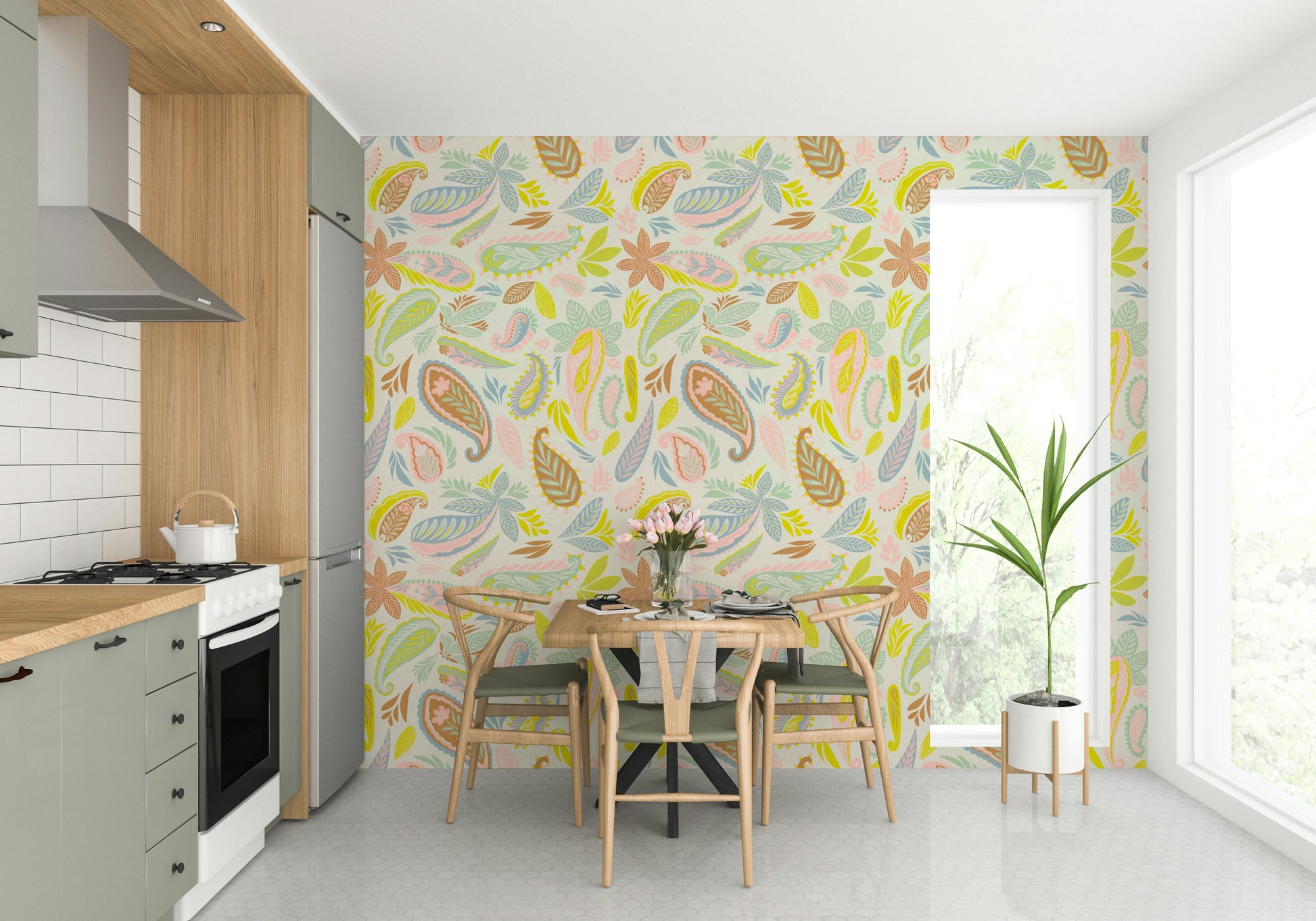 Pastel wall design with flowing paisley art

