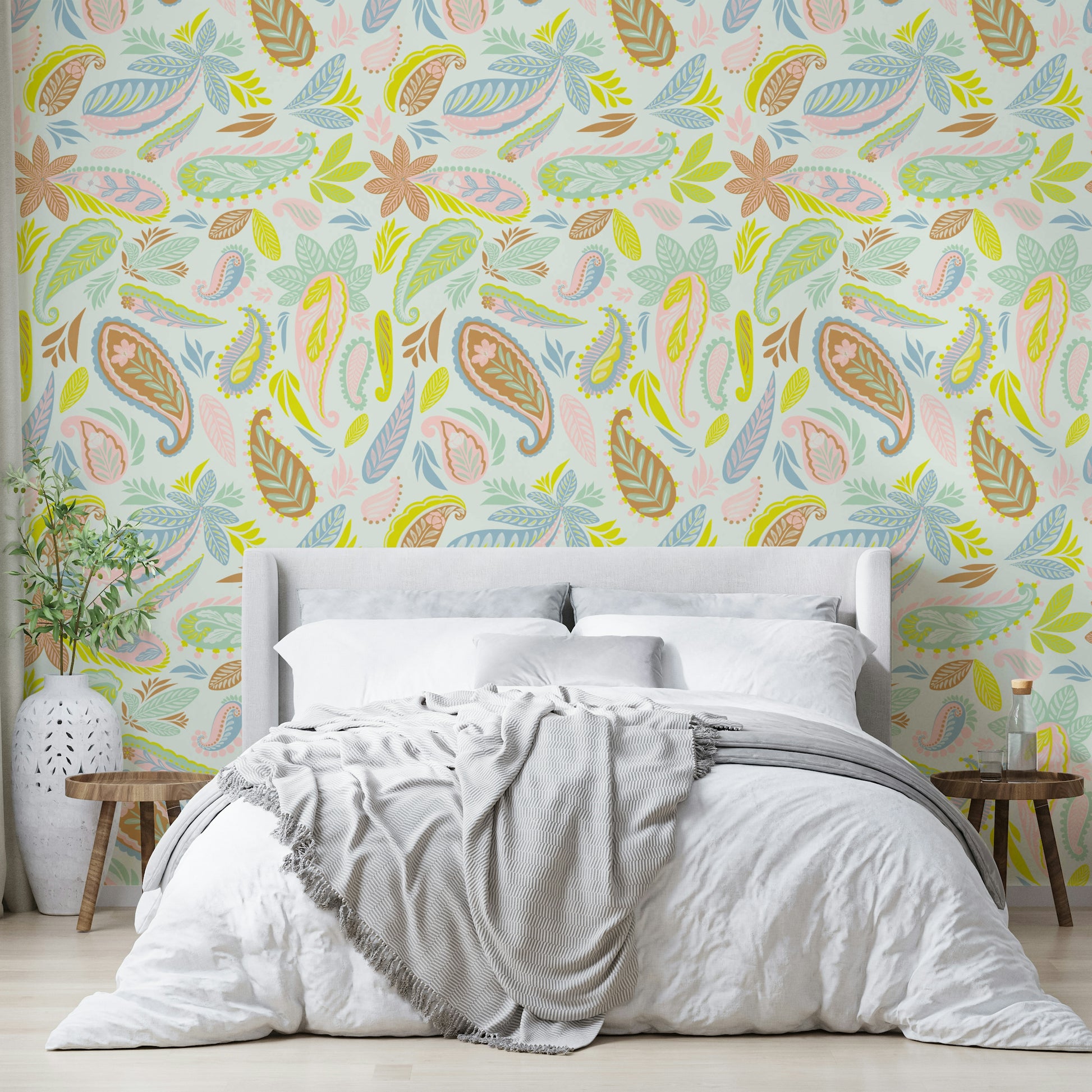 Calm paisley mural with gentle color palette


