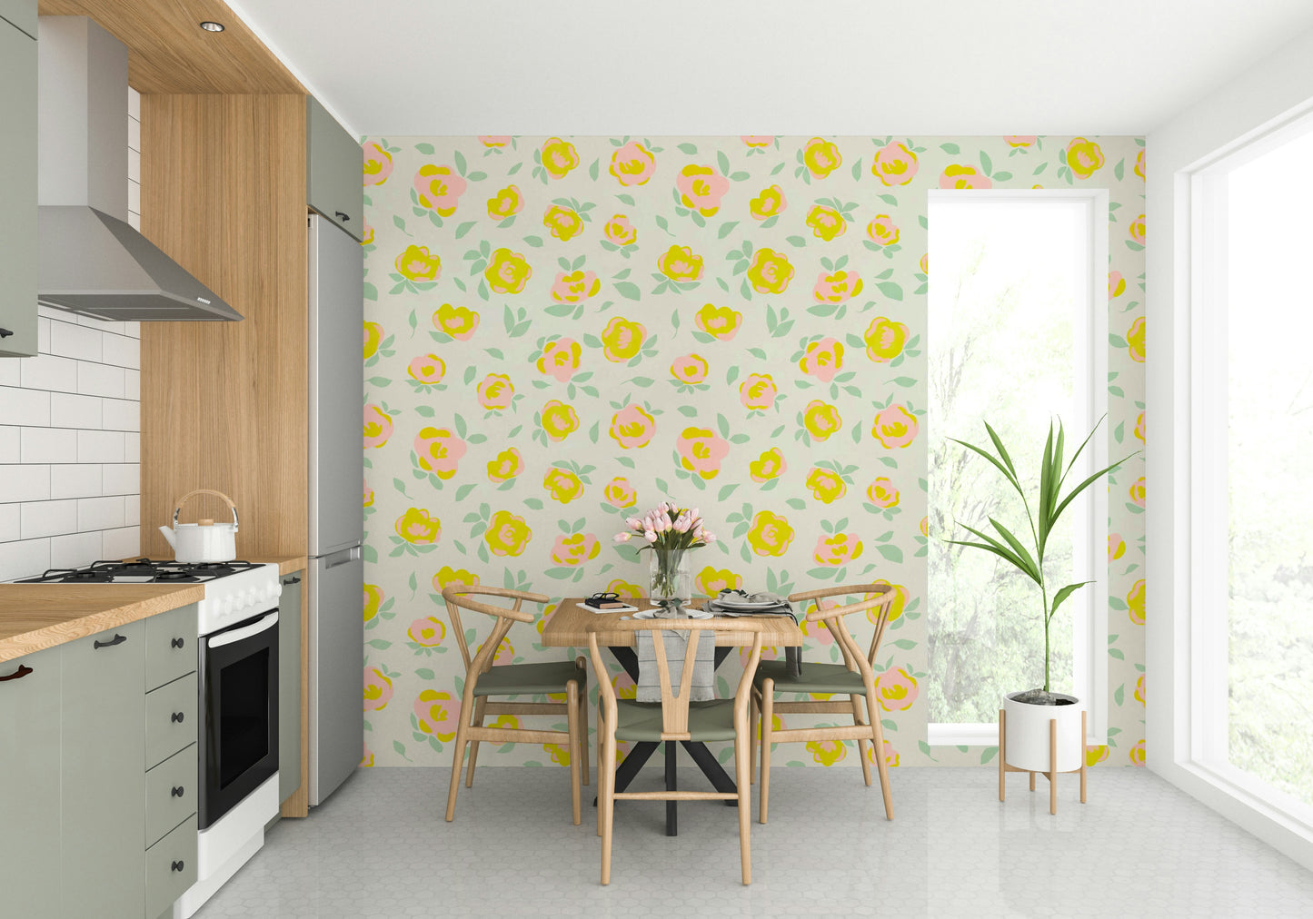 Yellow and white flowers on wallpaper design

