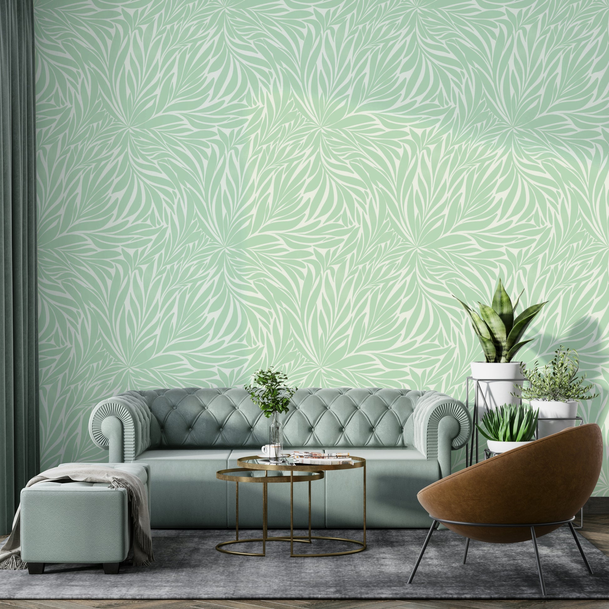 Botanical wallpaper with airy leaf design


