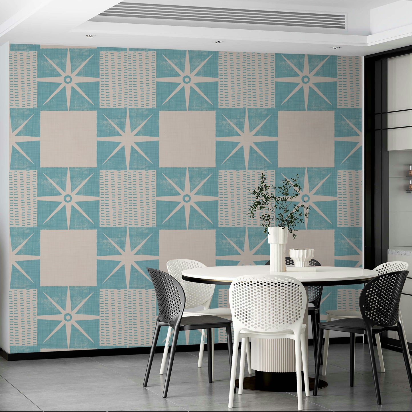 Blue retro starburst quilt wallpaper design

