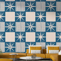 Indigo mid-century modern wallpaper with starburst pattern


